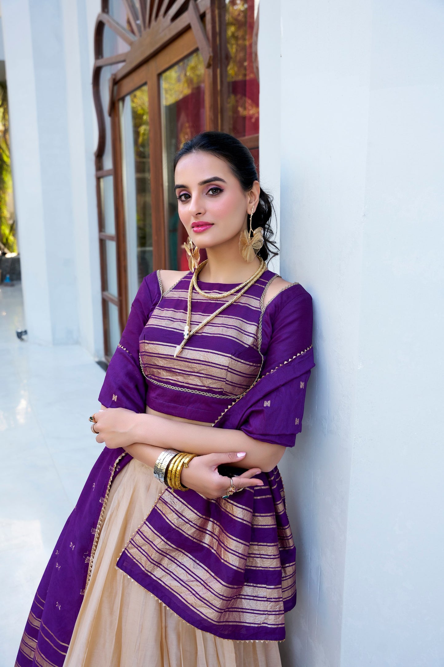 Purple colour Pure Chanderi and Plain With Zari Weaving Work Border lehenga and dupatta