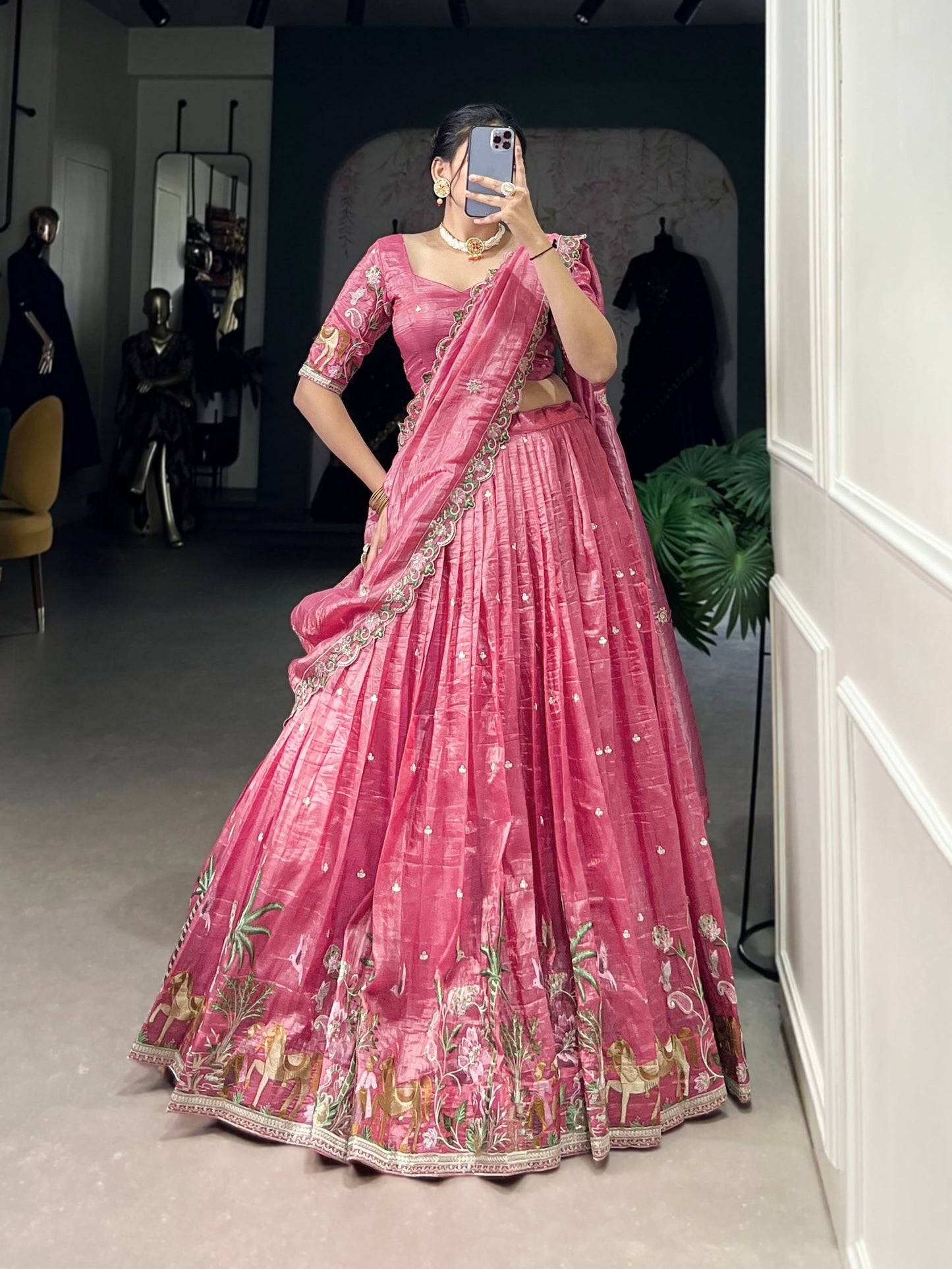 Pink colour Gold Crush and Sequins and Thread Embroidery Work lehenga and dupatta