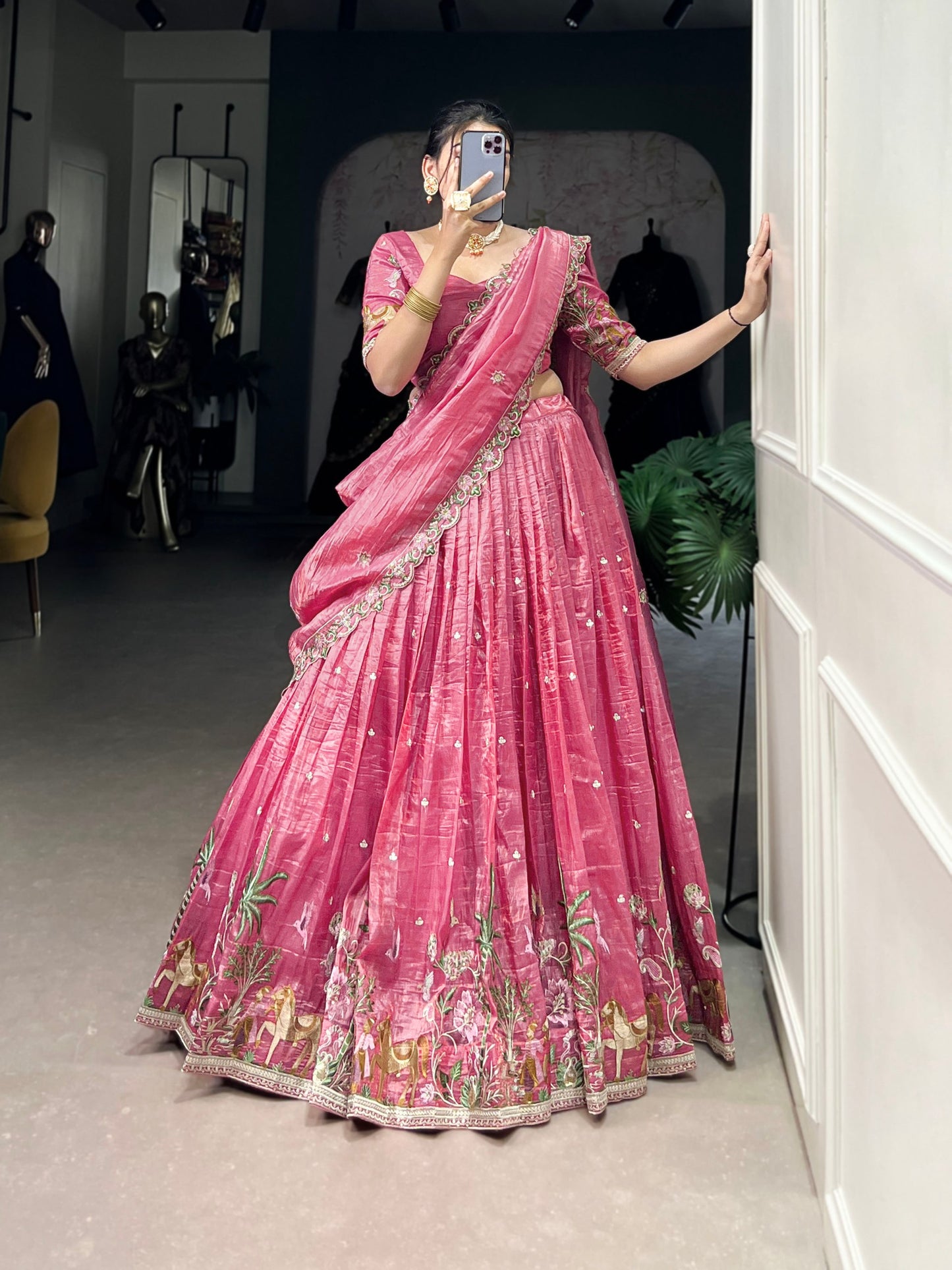 Pink colour Gold Crush and Sequins and Thread Embroidery Work lehenga and dupatta