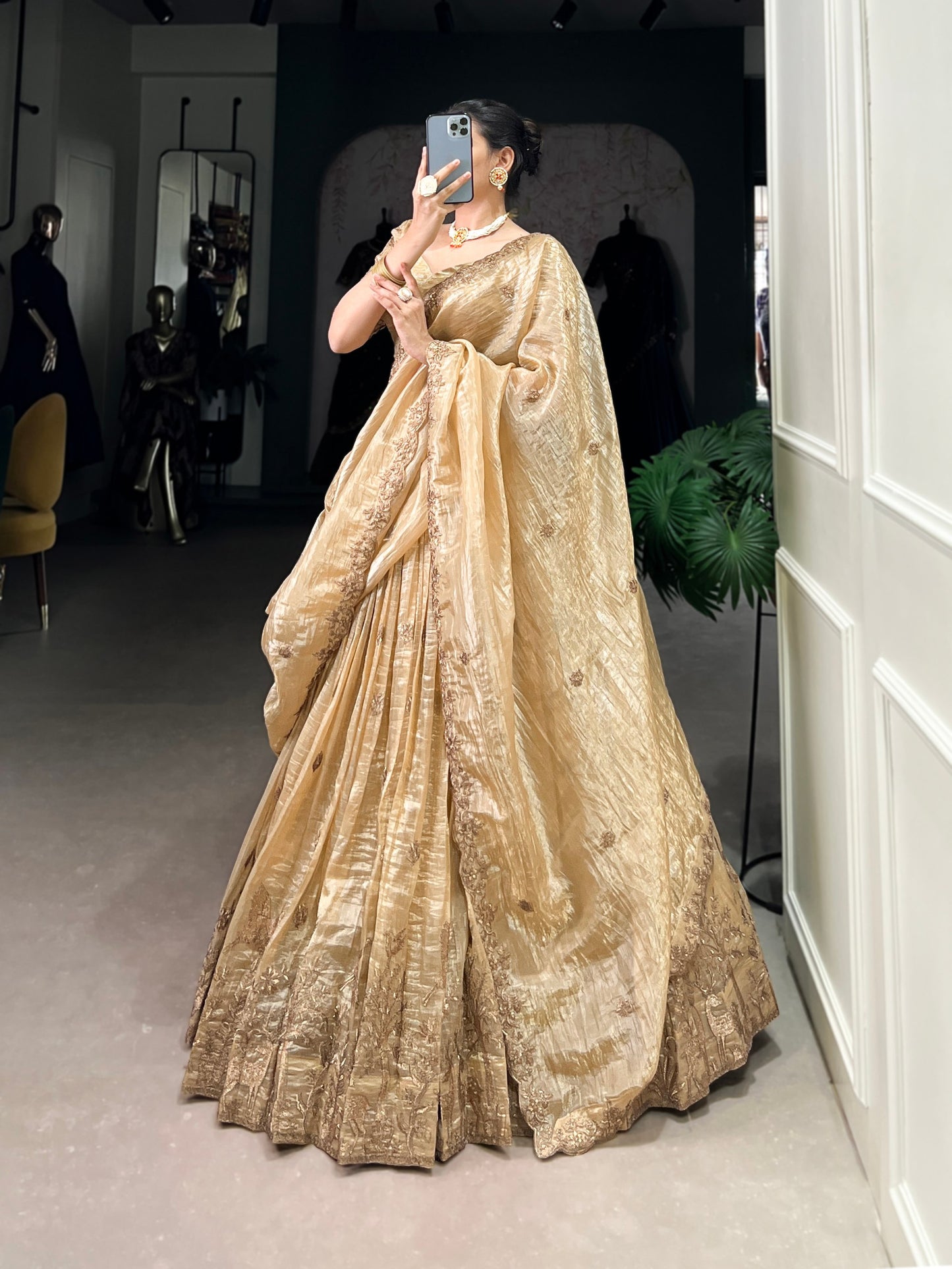 Gold colour Gold Crush and Sequins and Thread Embroidery Work lehenga and dupatta