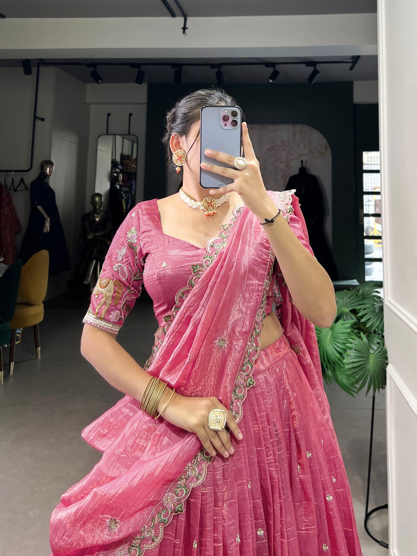 Pink colour Gold Crush and Sequins and Thread Embroidery Work lehenga and dupatta