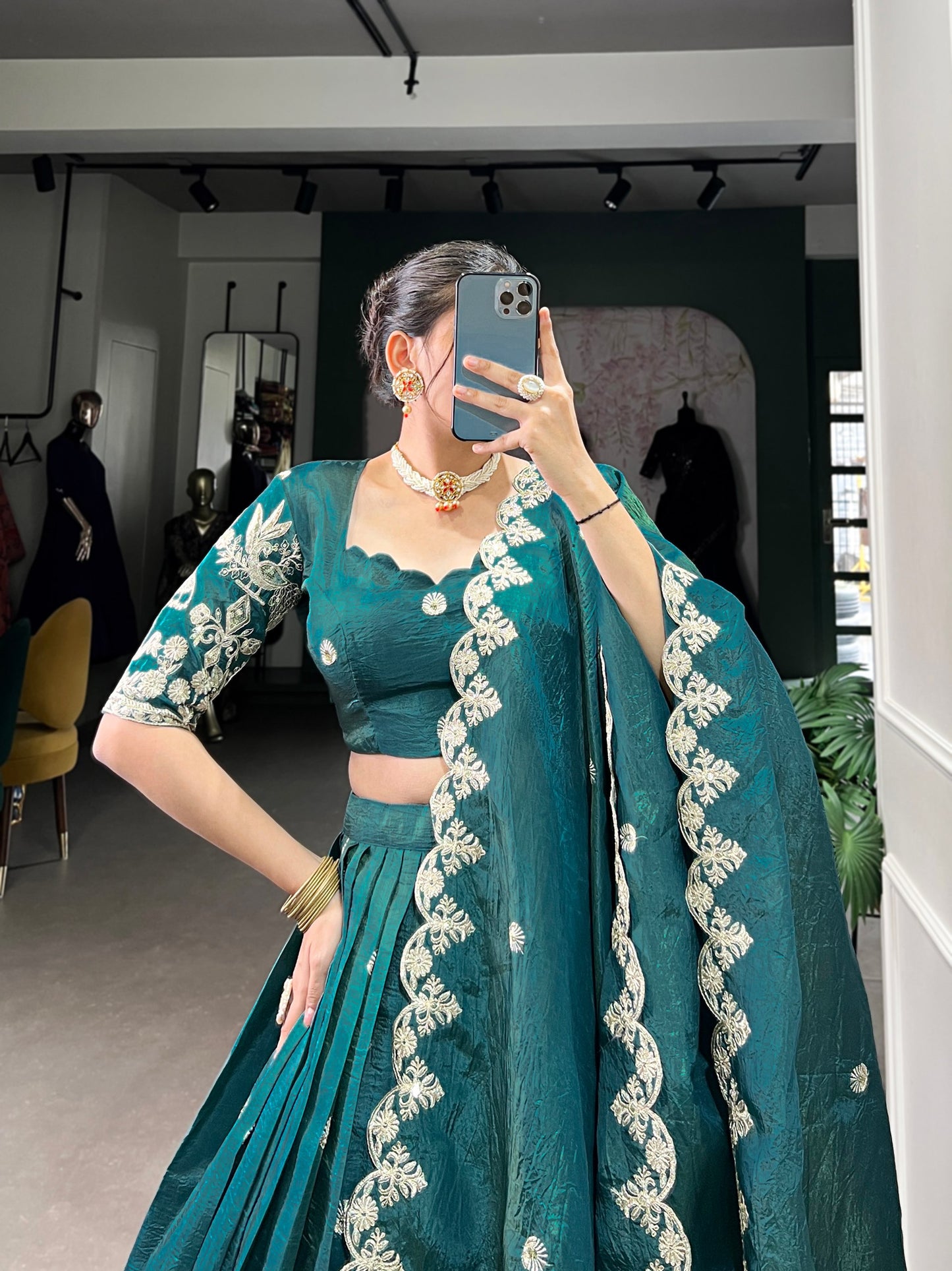 Teal colour Gold Crush and Sequins and Thread Embroidery Work lehenga and dupatta
