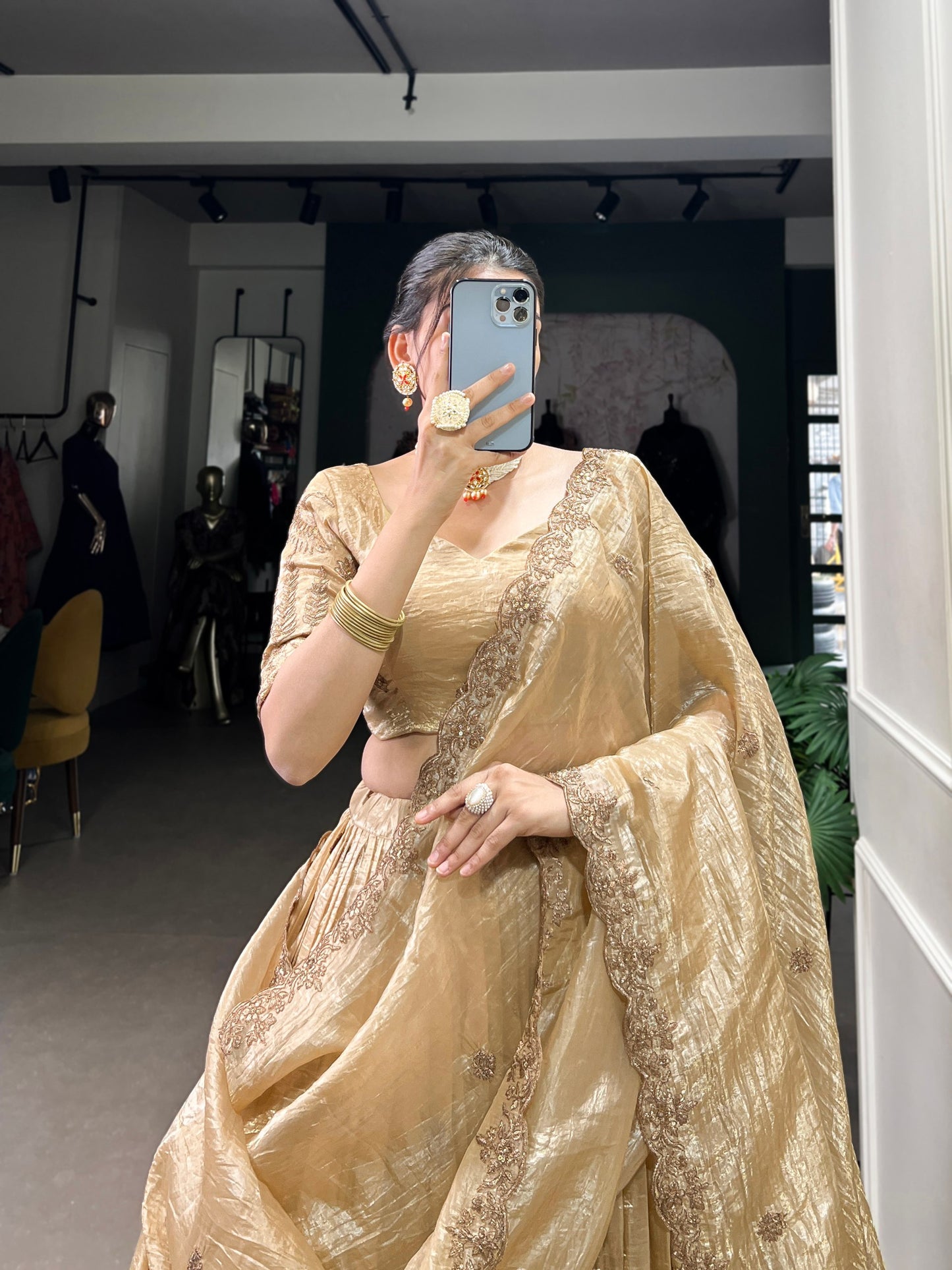 Gold colour Gold Crush and Sequins and Thread Embroidery Work lehenga and dupatta