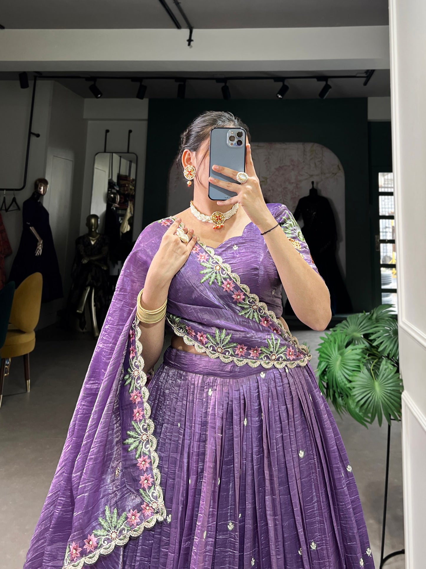 Purple colour Gold Crush and Sequins and Thread Embroidery Work  lehenga and dupatta