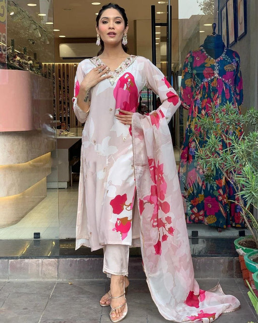 NATURAL CRAPE WITH SEQUENCE CODING EMBROIDERED WORK