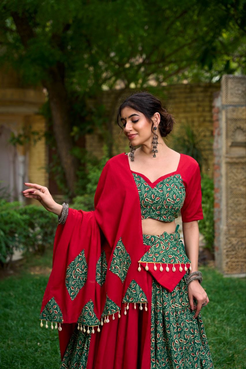 Navratri Collection - Beautifully Printed and Decorated lahenga with Genuine Mirror Work