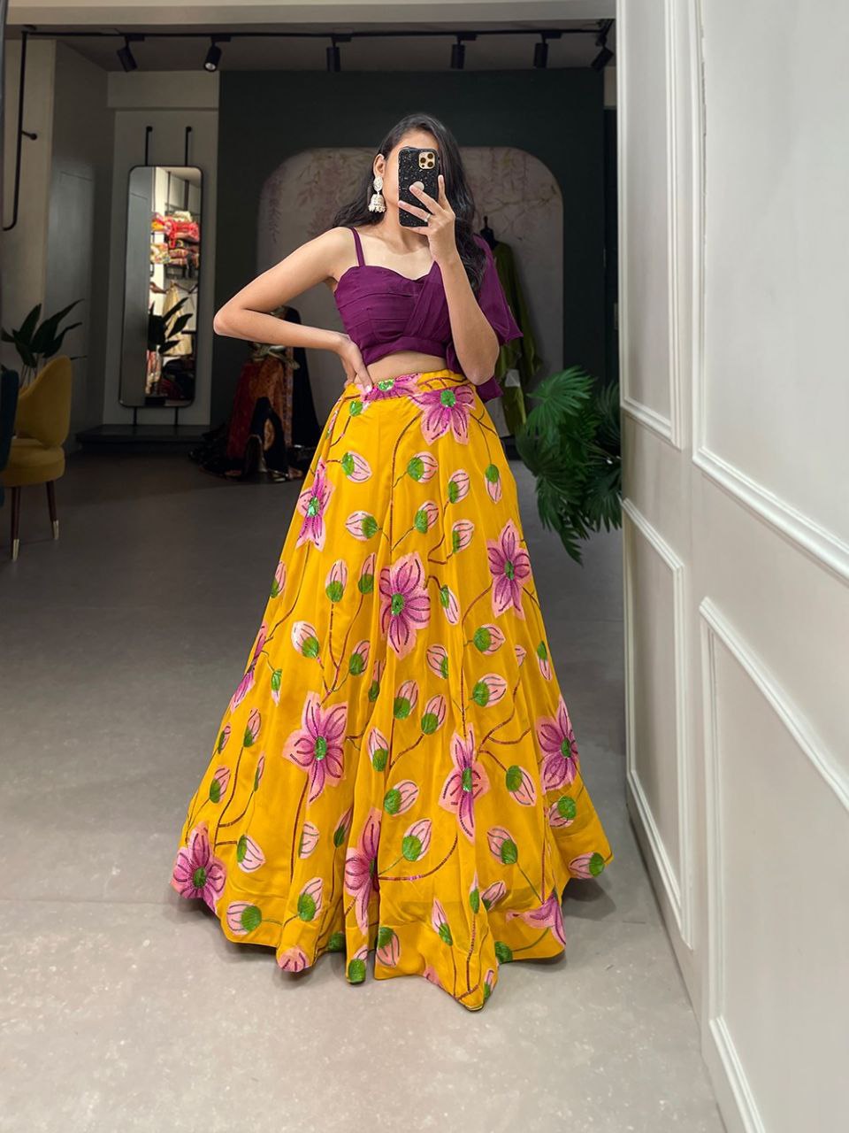Latest Georgette Sequins Crop Top Lehenga Choli