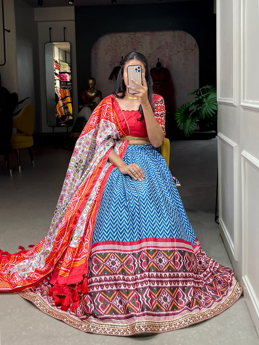 Lehenga Chinon and Laheriya-Patola Print and Sequins Embroidery Lace Border FV1004