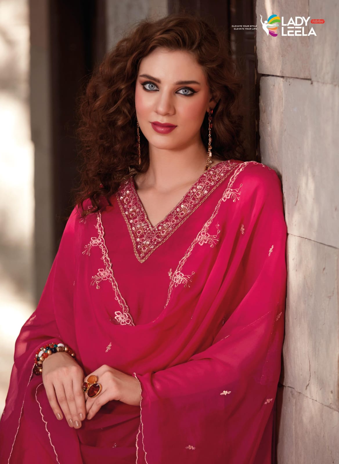 Beautiful v neck cherry red color embroidery handwork kurti with pants and dupatta. FV103