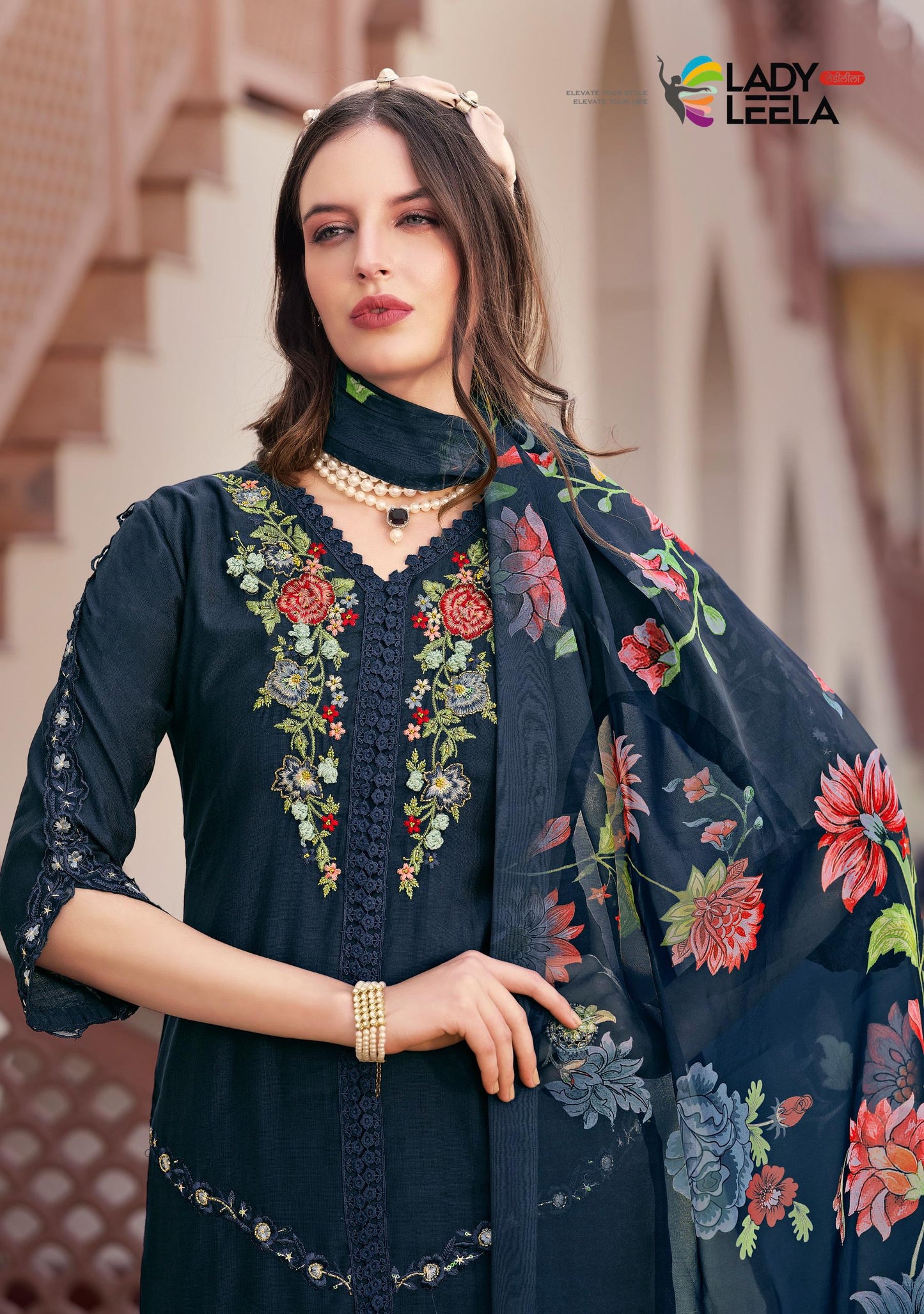 Dark Green Embriodery & Handwork on Pure Viscose Fabric.