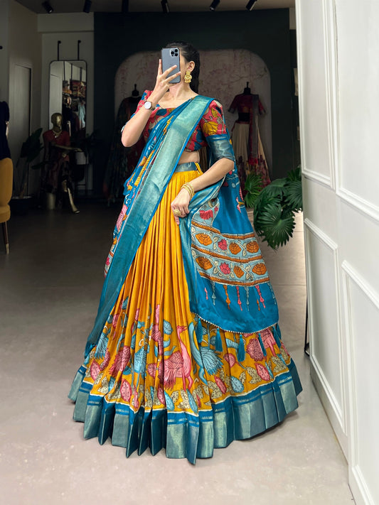 Mustered And Rama Color Dola Silk Lehenga Choli With Dupatta