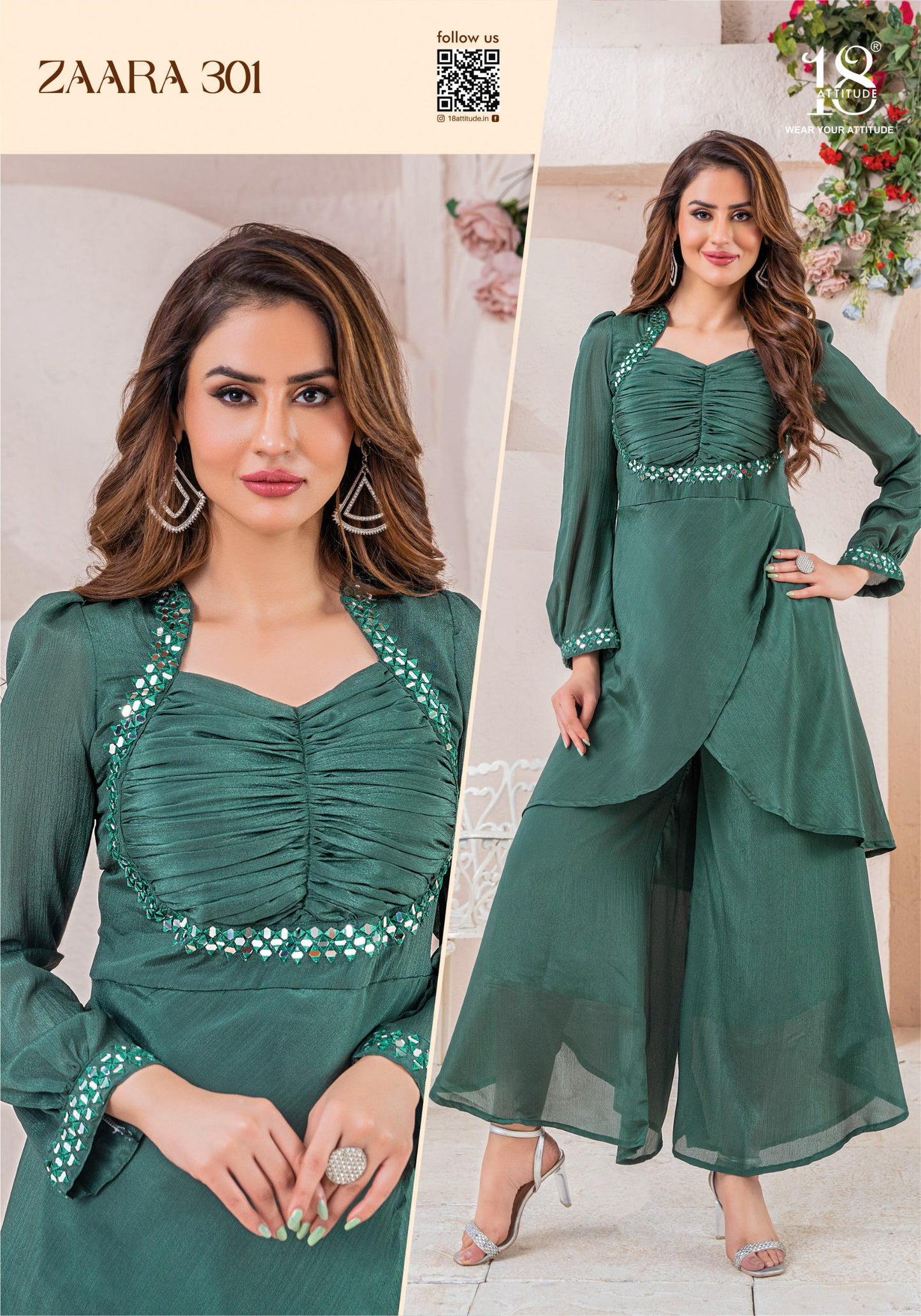 Green Color Pure Chinnon Fabrics With Mirror Work Cordsets.