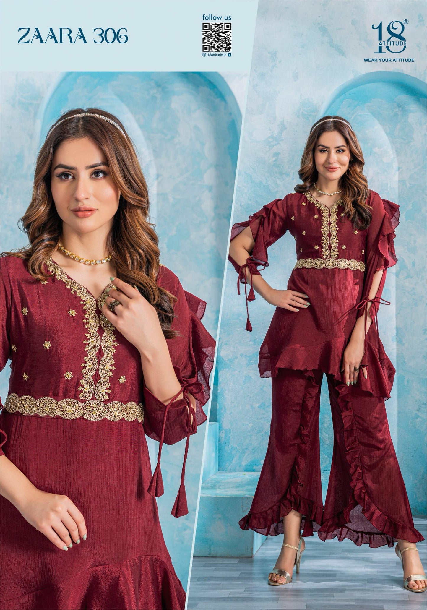Maroon Color Pure Chinnon Fabrics With Embroidery Work Cordsets.