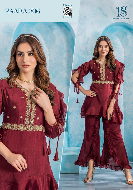 Maroon Color Pure Chinnon Fabrics With Embroidery Work Cordsets.