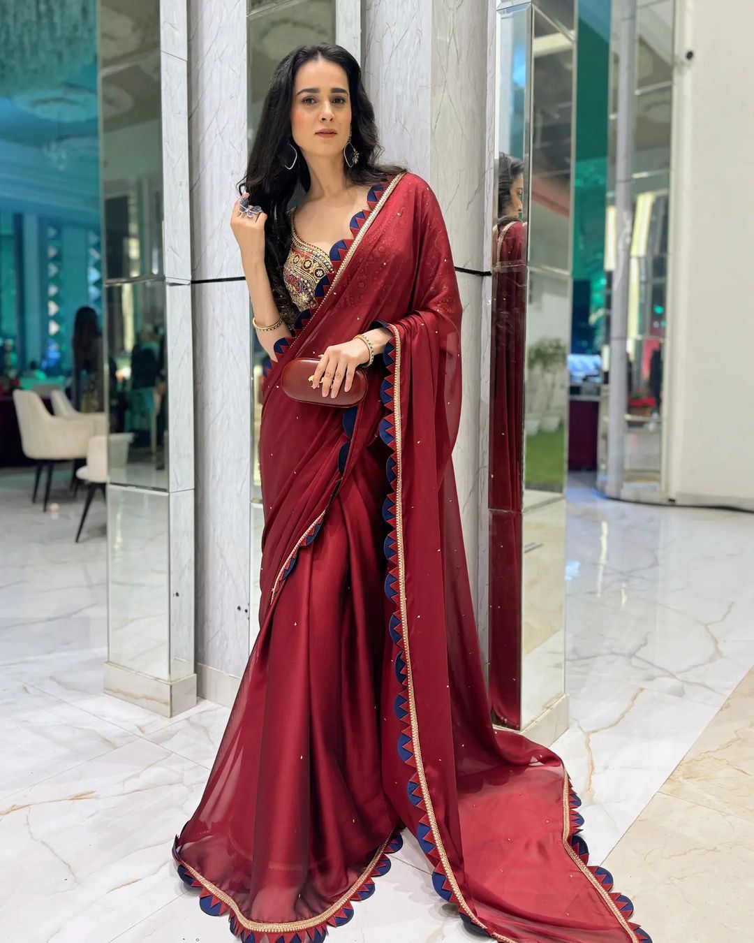 Maroon Blooming Rangoli Saree with Pearl Moti Work and Silk Embroidered Blouse