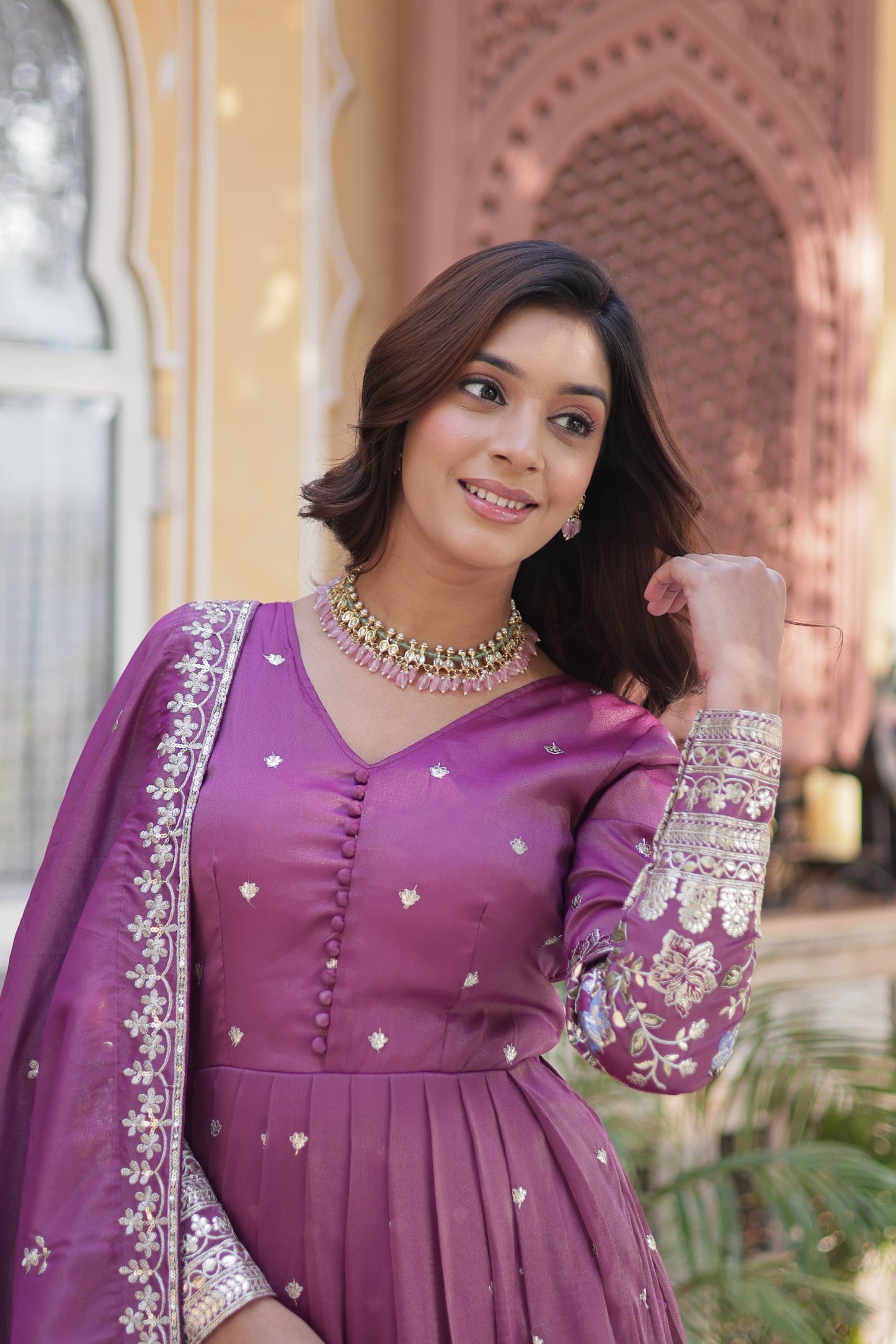 Purple Viscose Cosmos Gown with Zari & Sequin Foil Embroidery – Festive Wear