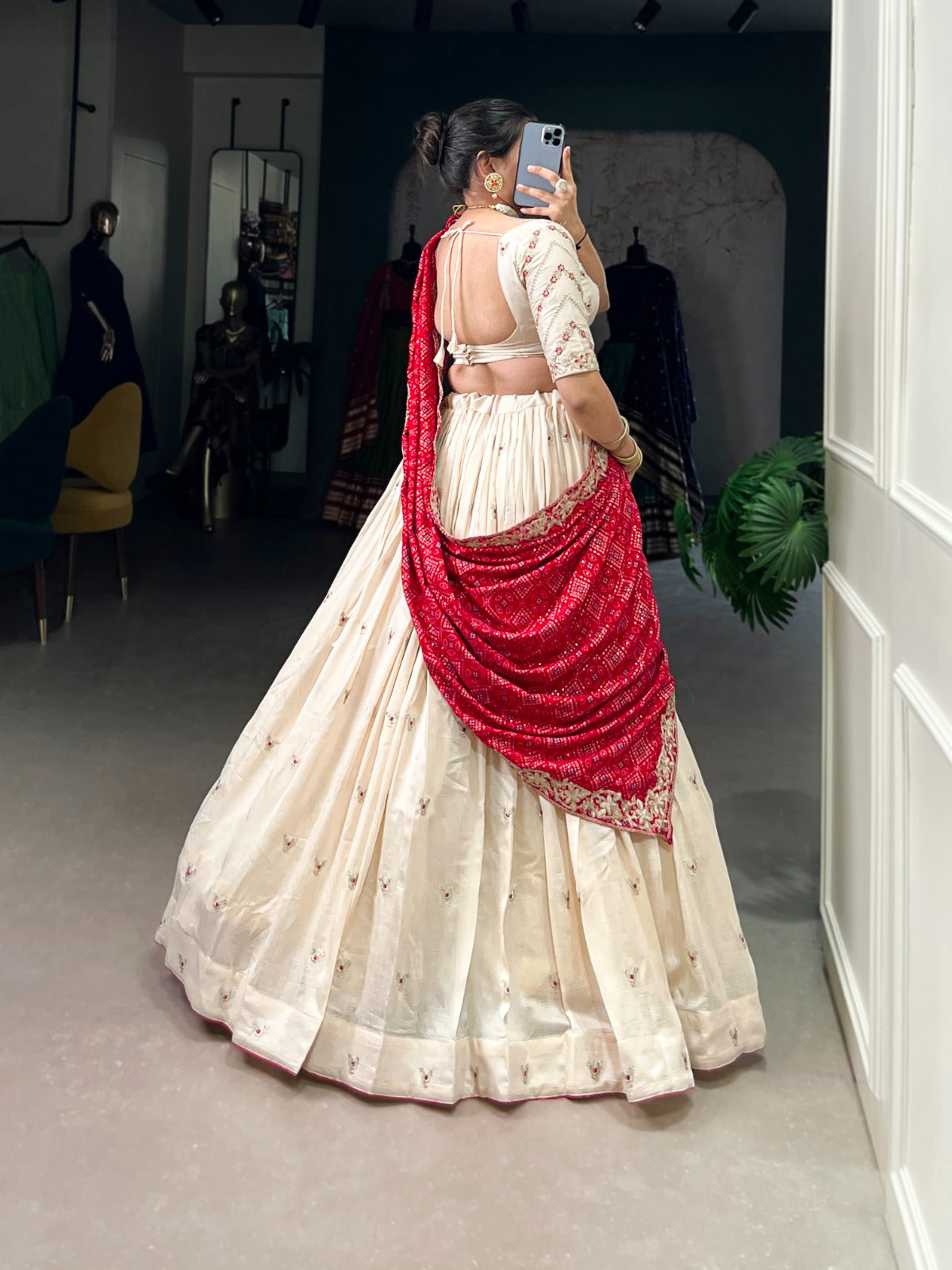 White Vichitra Silk Lehenga with Sequins & Thread Embroidery – Bridal Set with Dupatta