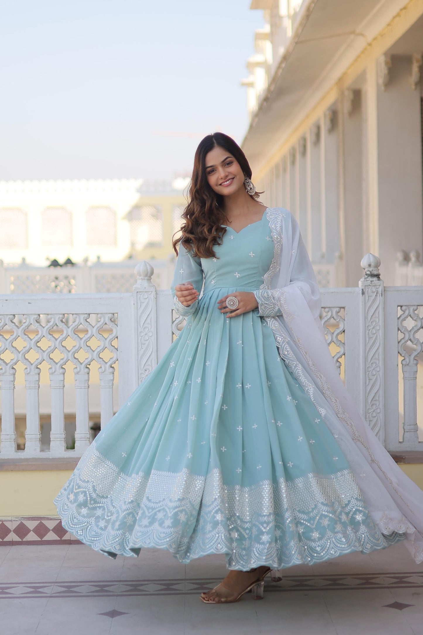 Sky Blue Faux Georgette Gown with Thread & Sequins Embroidery – Elegant Gown with Dupatta