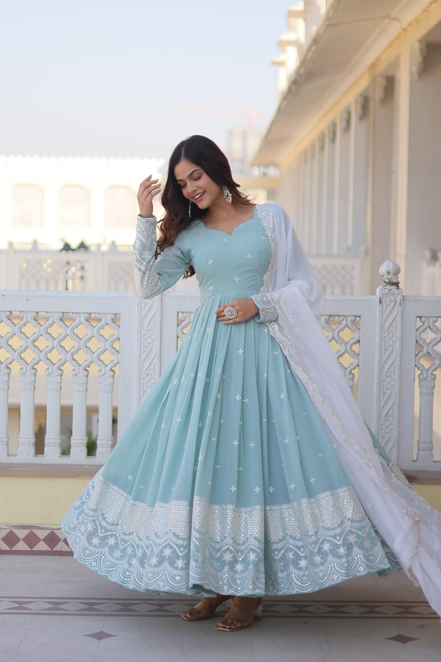 Sky Blue Faux Georgette Gown with Thread & Sequins Embroidery – Elegant Gown with Dupatta