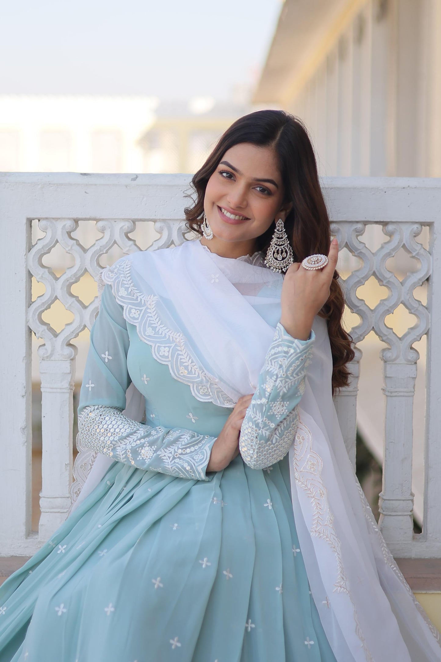Sky Blue Faux Georgette Gown with Thread & Sequins Embroidery – Elegant Gown with Dupatta