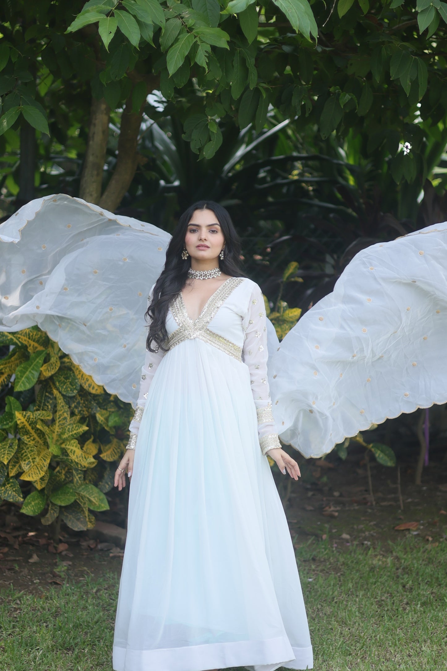 White Russian Silk Dress with Elegant Embroidered Cut-Work β Premium Ethnic Wear