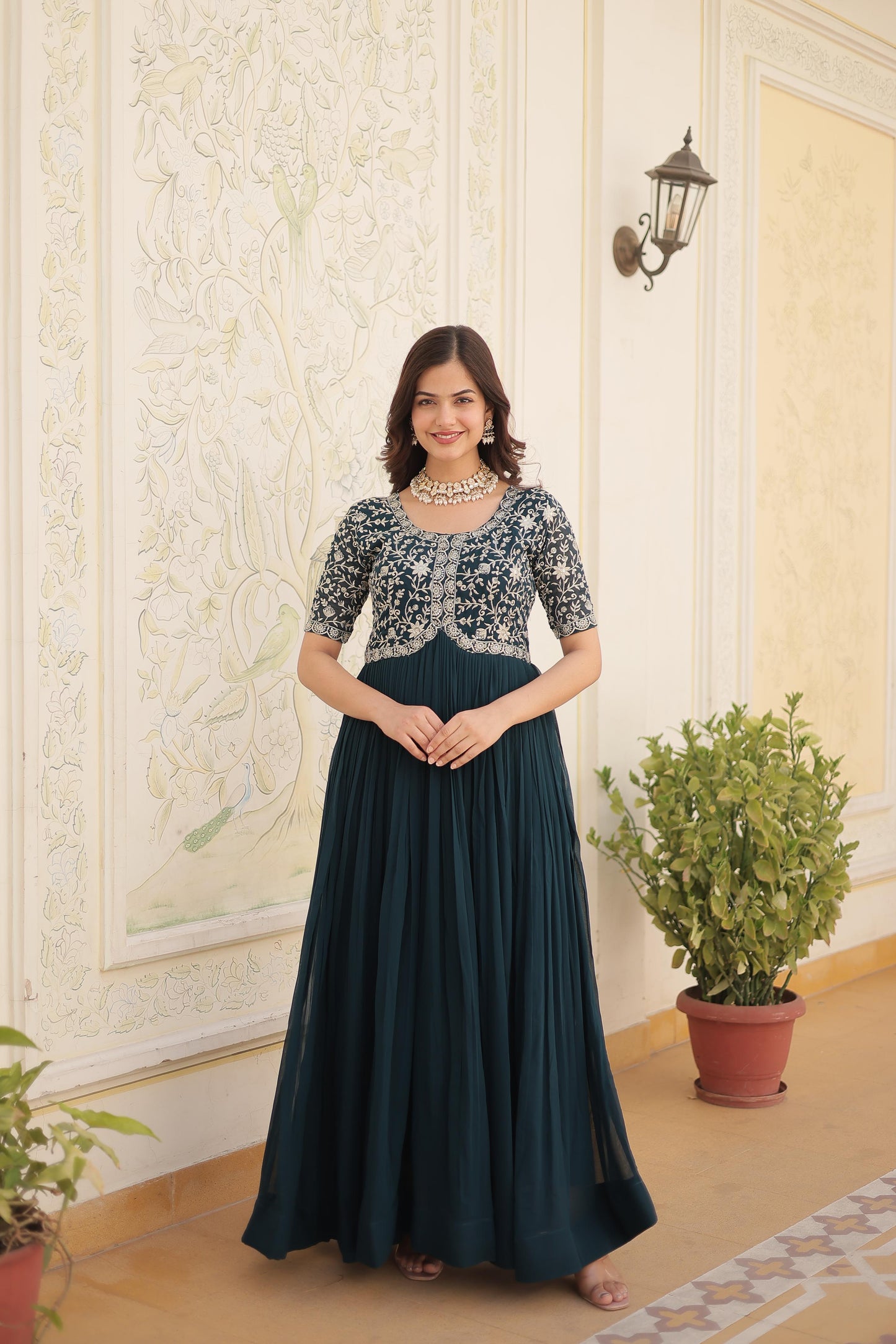 Dark Teal Green Faux Blooming Gown with Zari, Sequins & Embroidery Work โ Elegant Ethnic Wear
