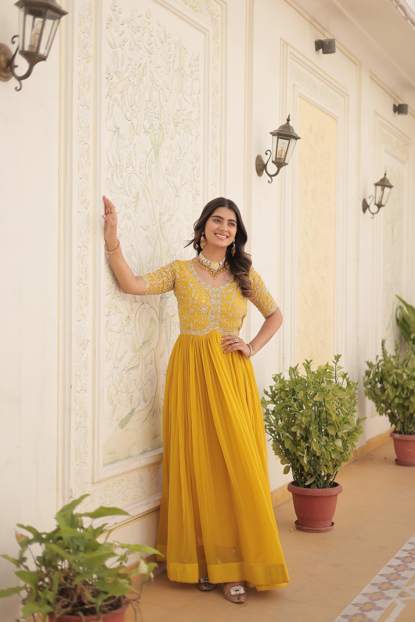 Yellow Faux Blooming Gown with Zari, Sequins & Embroidery Work – Elegant Ethnic Wear