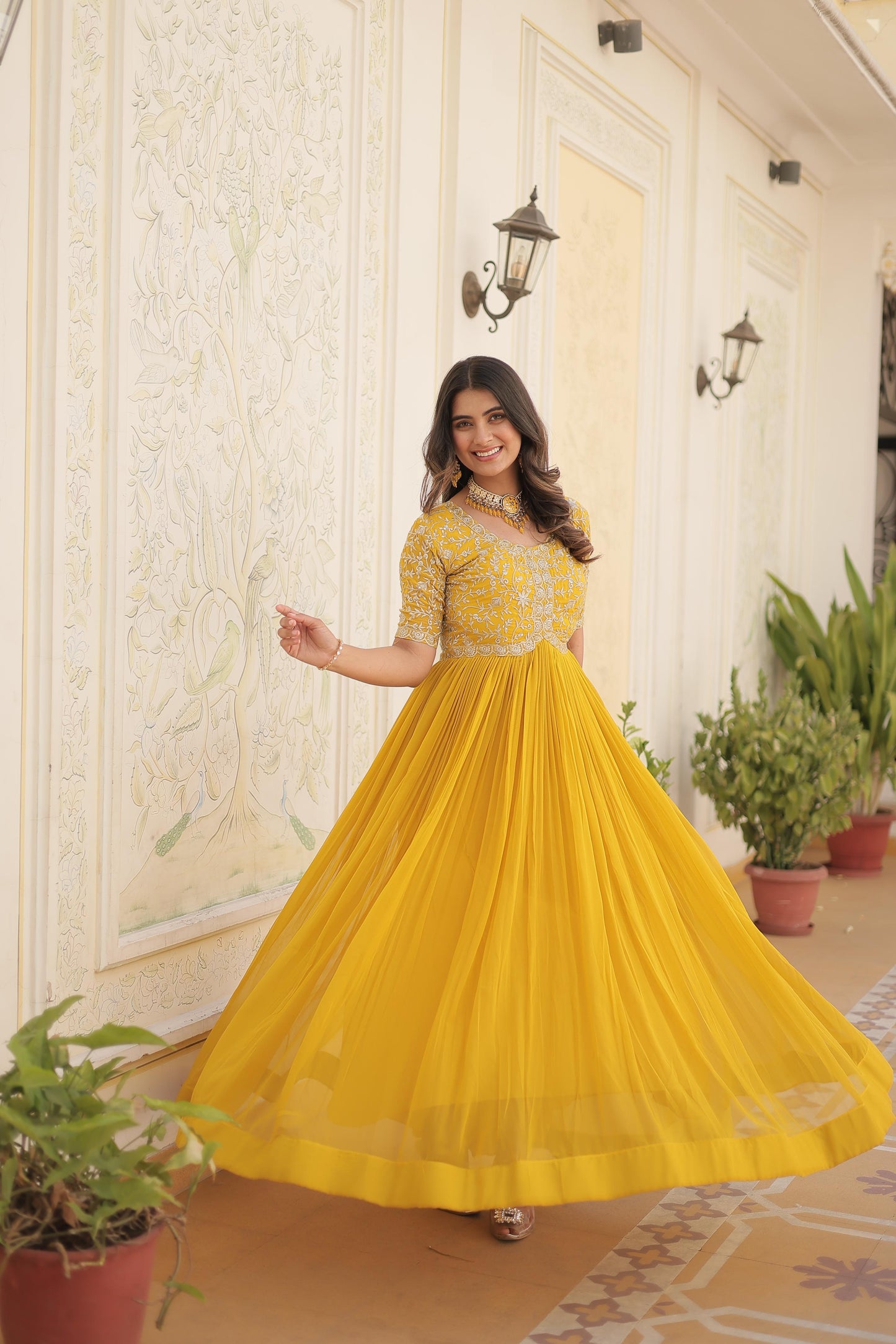 Yellow Faux Blooming Gown with Zari, Sequins & Embroidery Work – Elegant Ethnic Wear