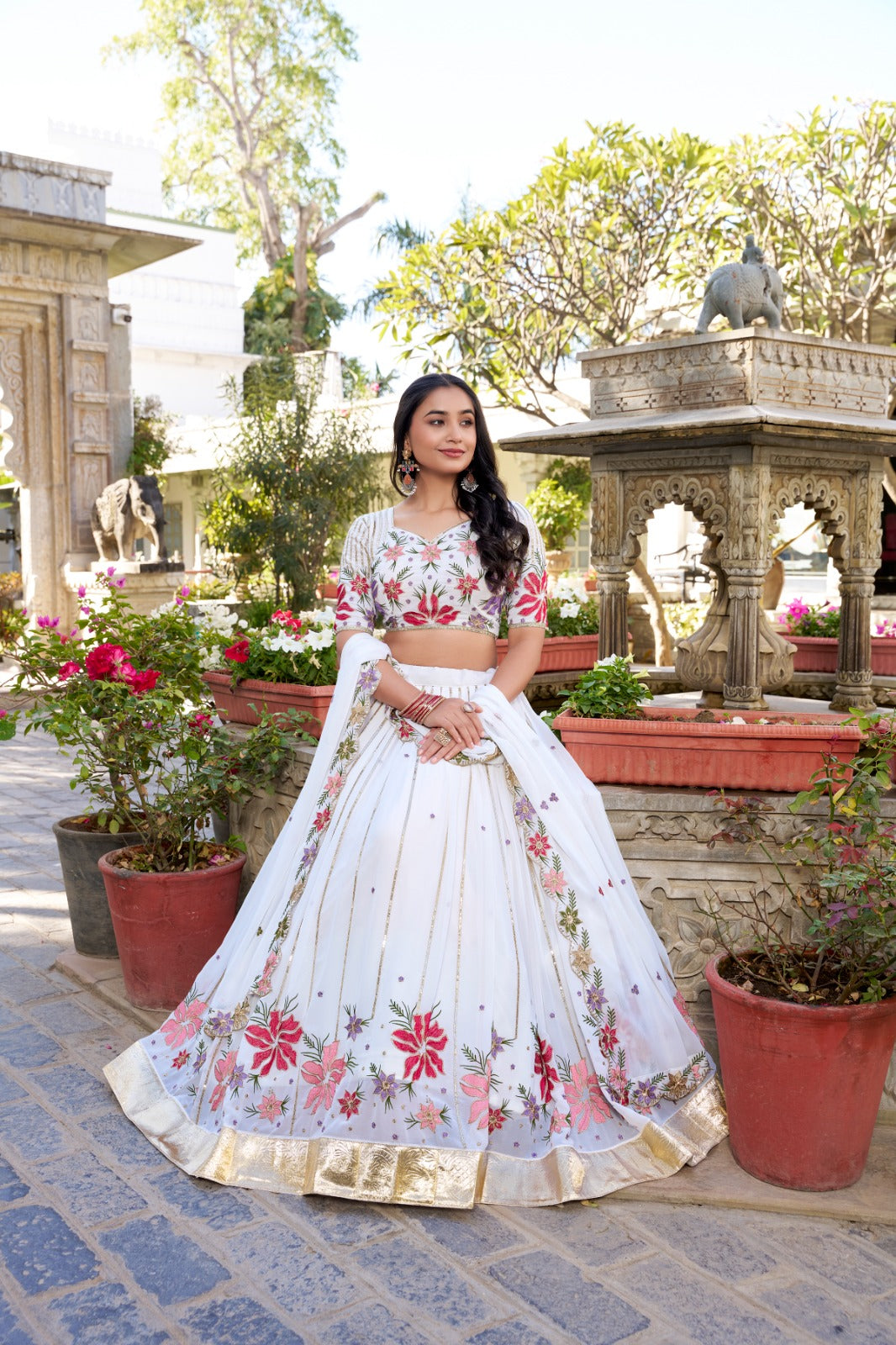 White Georgette Lehenga with Sequins & Thread Embroidery – Embossed Design and Lace Detailing