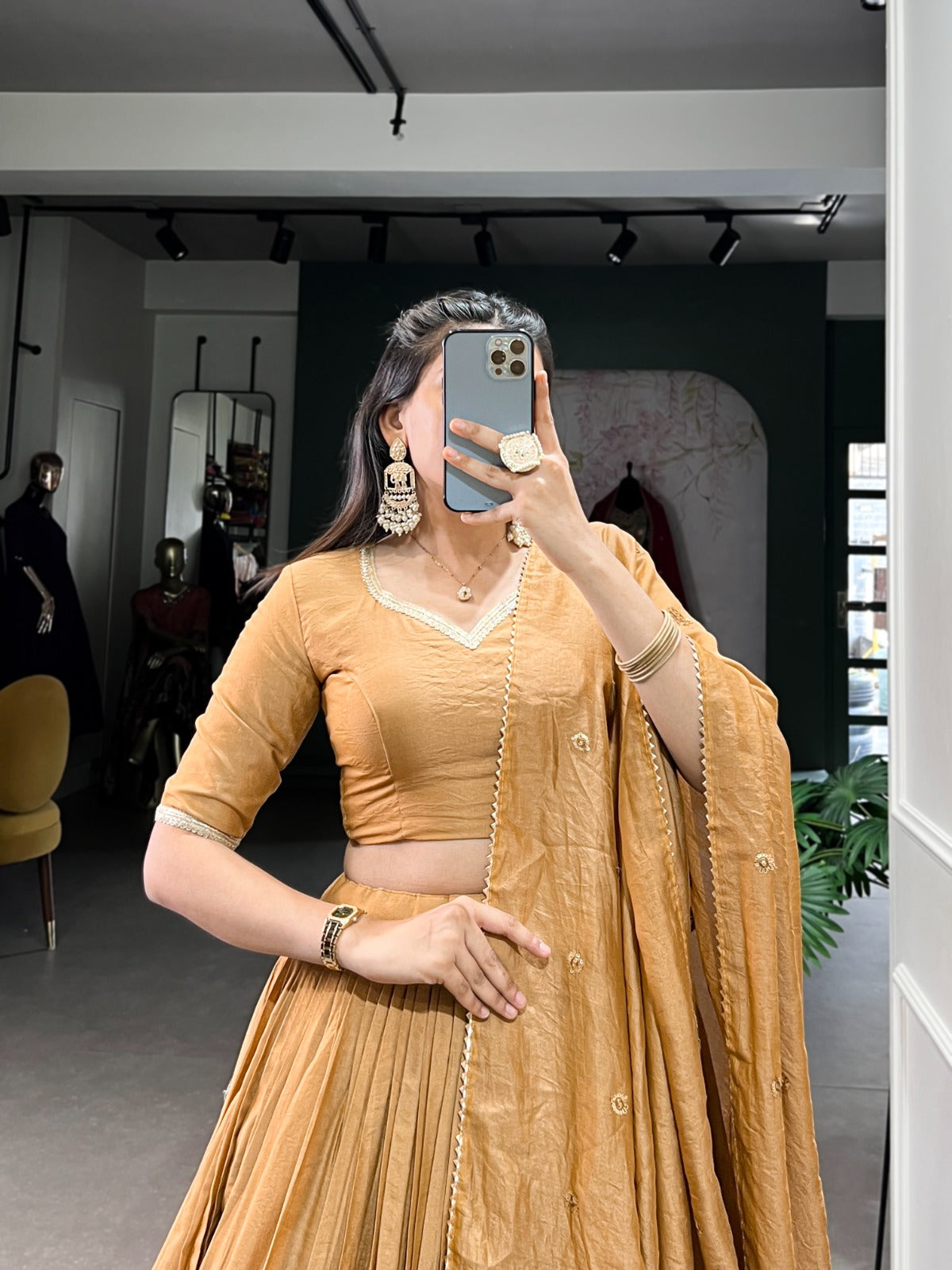 Mustard Pure Chanderi Lehenga Set with Zari Weaving Work & Embroidered Dupatta