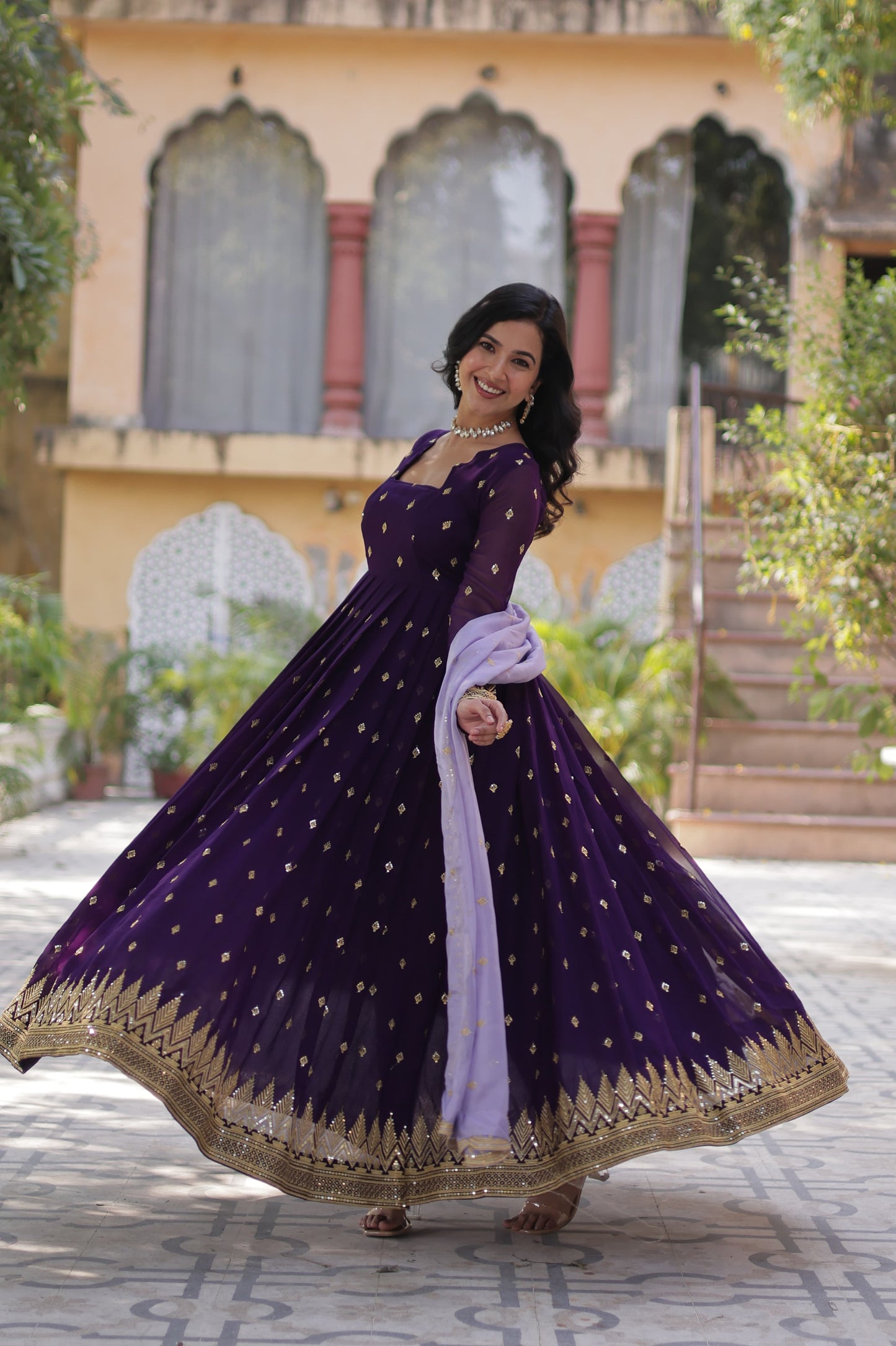 Purple Faux Blooming Embroidered Gown with Zari & Sequins Work and Matching Dupatta – Trendy Ethnic Style