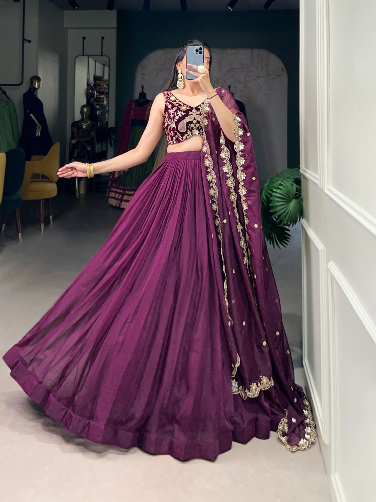 Trendy Wine Organza Lehenga With Dupatta – Elegant Plain Design for Modern Ethnic Wear