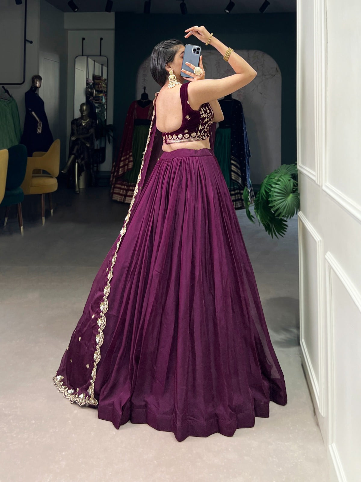 Trendy Wine Organza Lehenga With Dupatta โ Elegant Plain Design for Modern Ethnic Wear
