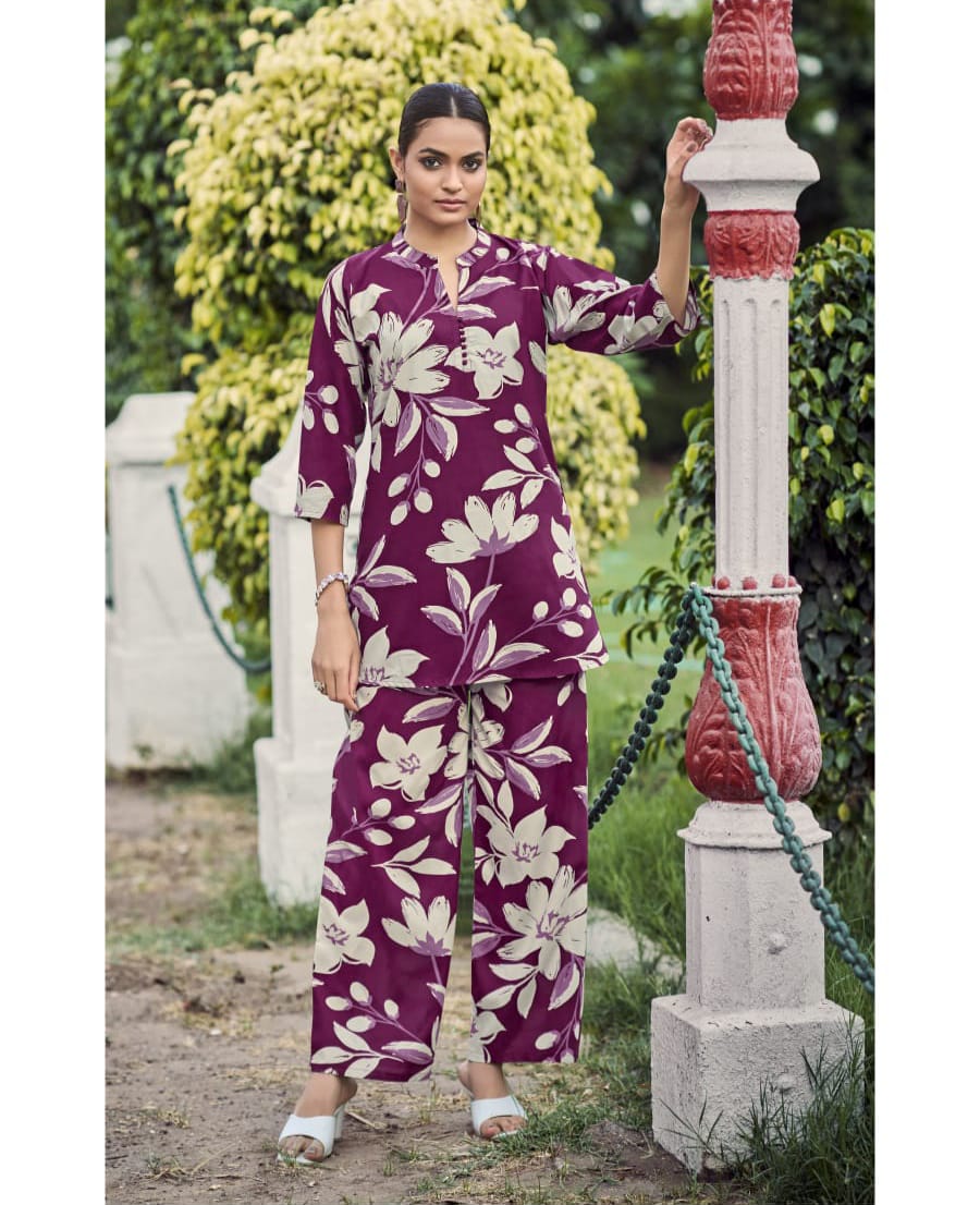Purple Co-Ord Set for Women β Heavy Rayon Printed Top & Bottom | Stylish Ethnic Wear