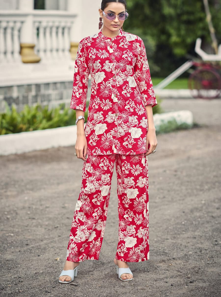 Red Co-Ord Set for Women – Heavy Rayon Printed Top & Bottom | Stylish Ethnic Wear