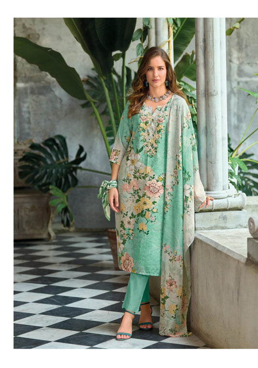Green Schiffli Linen Suit Set – Handwork Kurti, Cambric Cotton Pant & Viscose Mal Dupatta