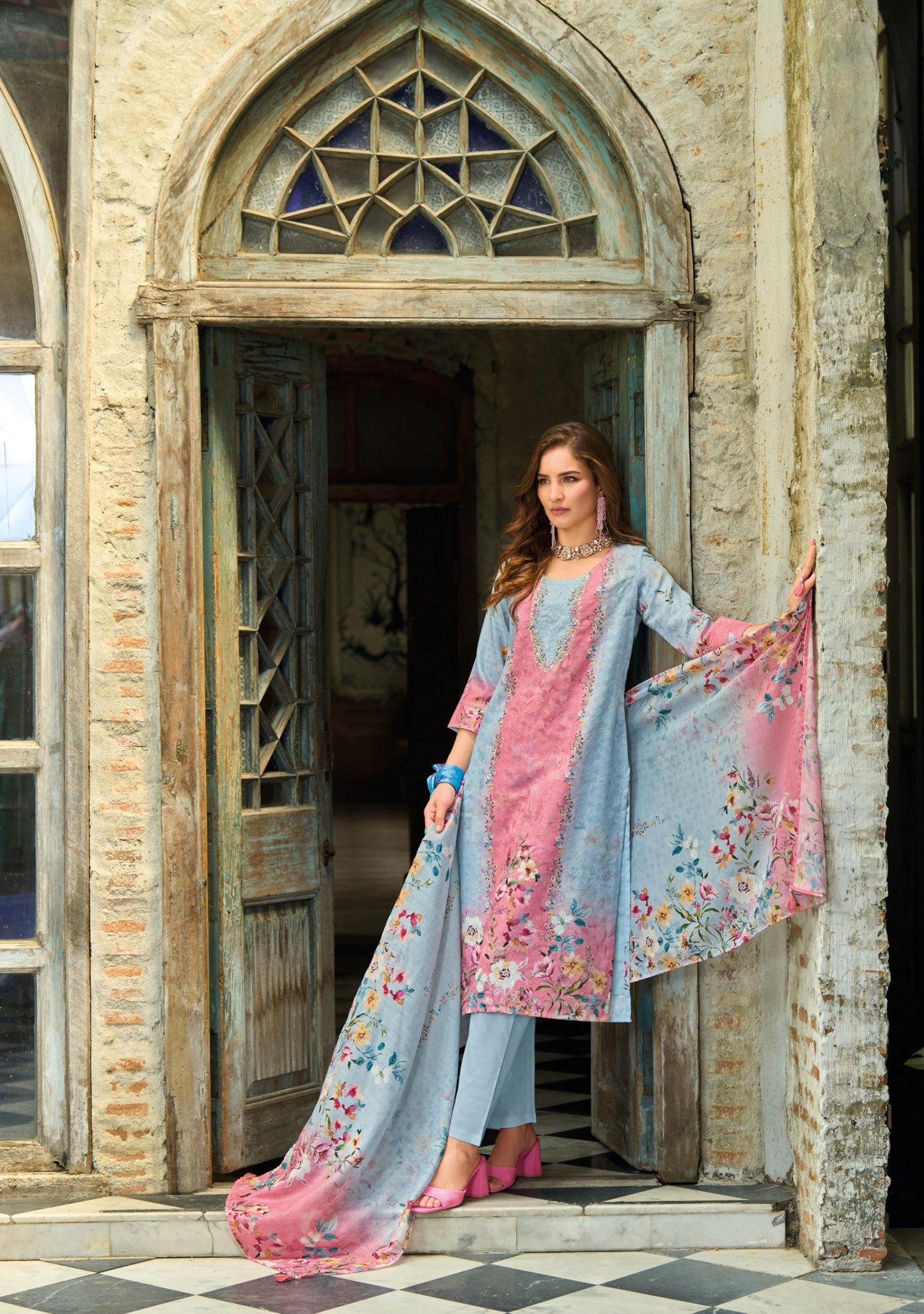Sky Blue Schiffli Linen Suit Set โ Handwork Kurti, Cambric Cotton Pant & Viscose Mal Dupatta