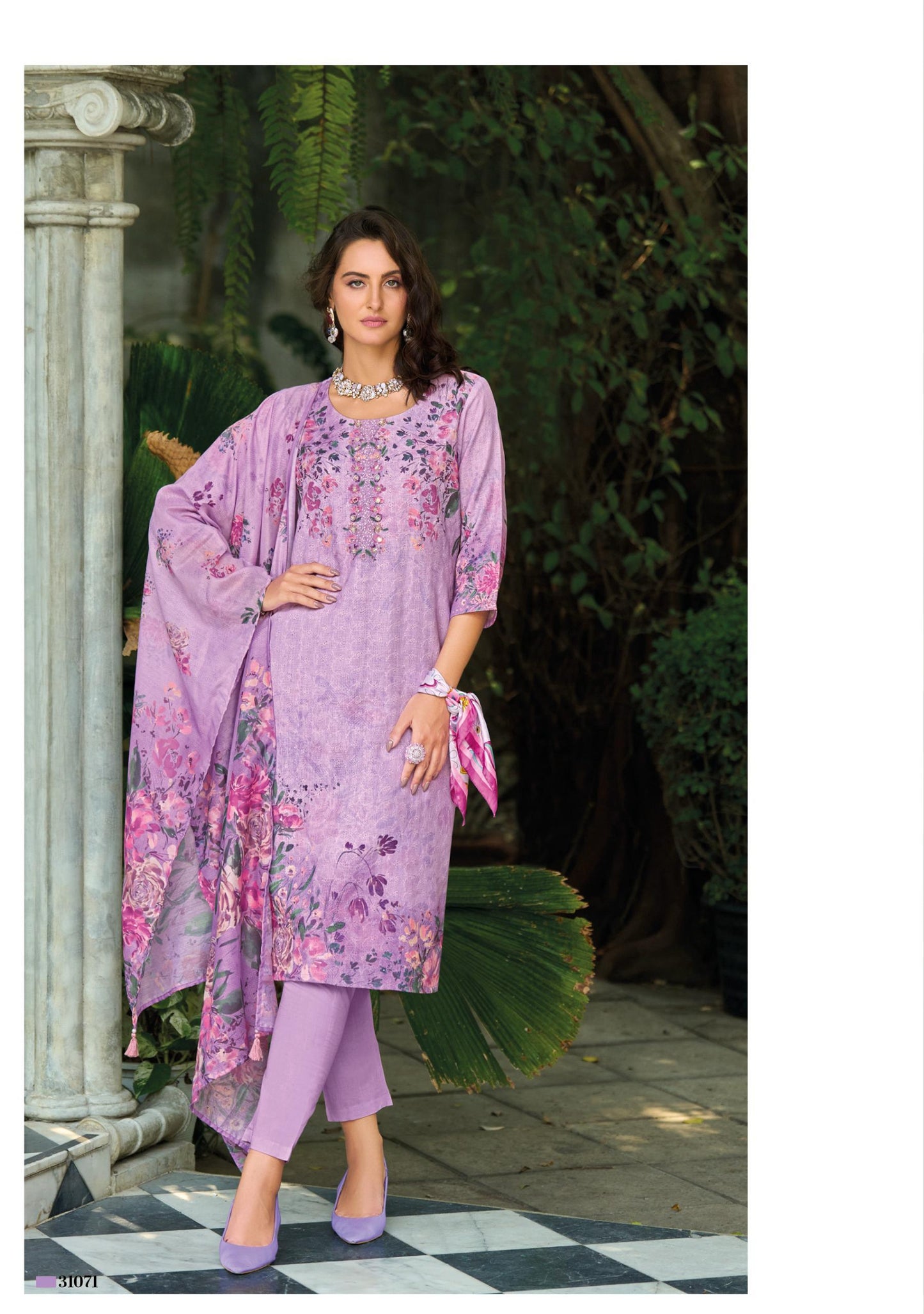 Purple Schiffli Linen Suit Set โ Handwork Kurti, Cambric Cotton Pant & Viscose Mal Dupatta