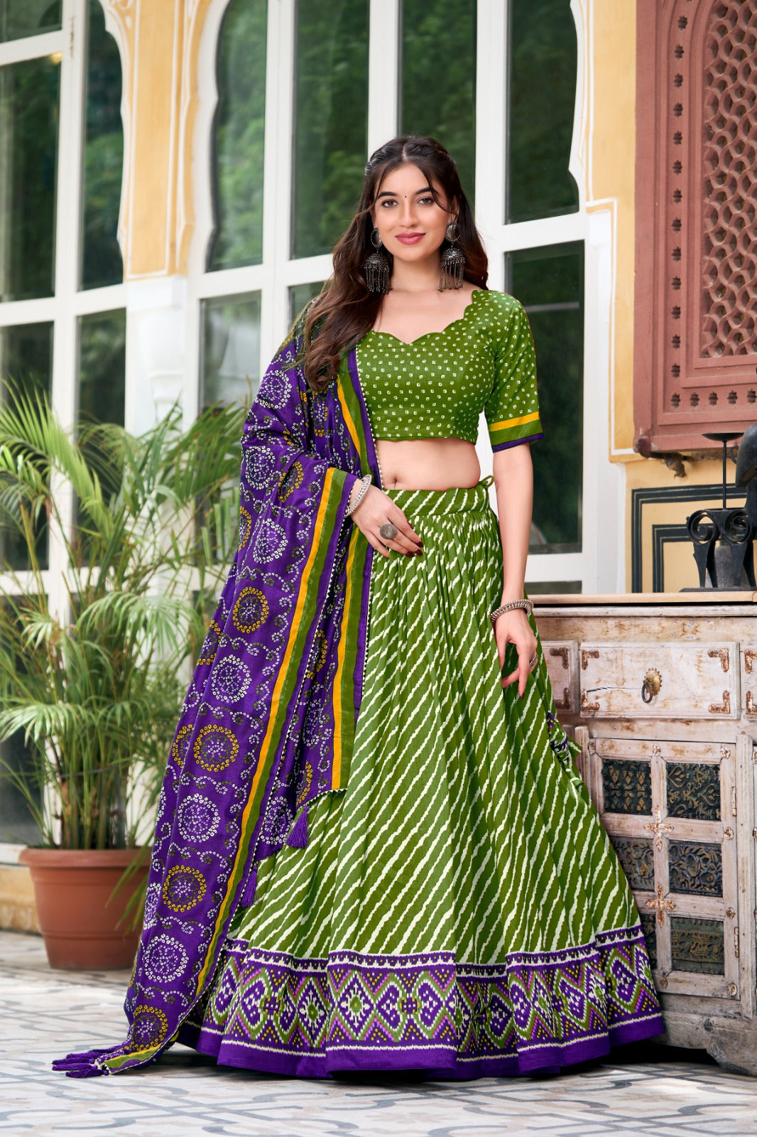 Green Tussar Silk Lehenga – Leheriya Print, Patola Border, Trendy Style with Dupatta