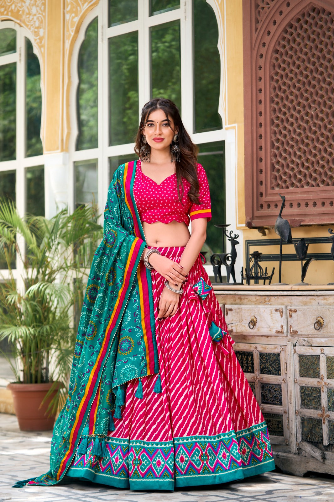 Pink Tussar Silk Lehenga – Leheriya Print, Patola Border, Trendy Style with Dupatta