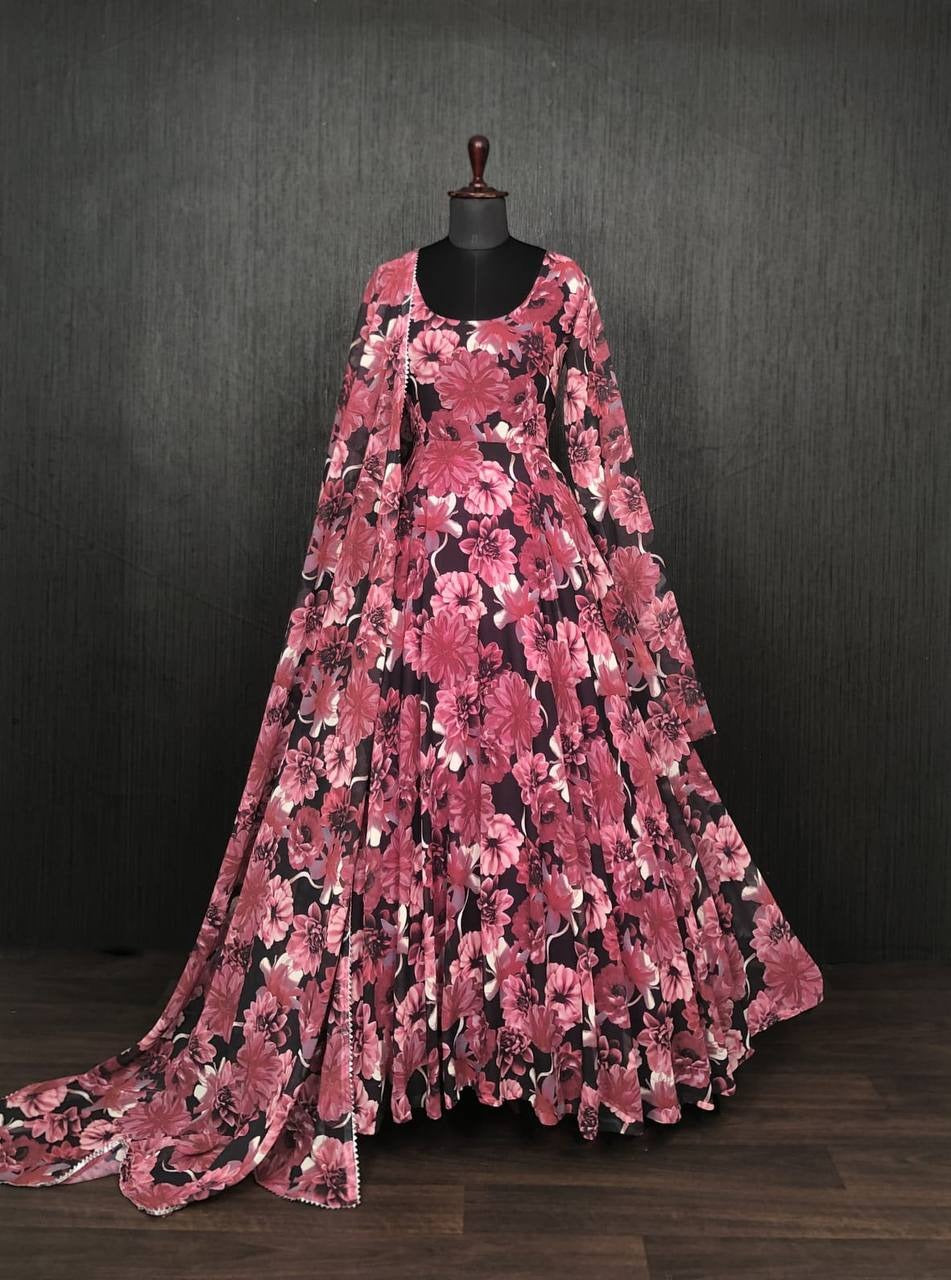 Black & Pink Faux Georgette Gown with Floral Digital Print & Dupatta – Trendy Ethnic Wear