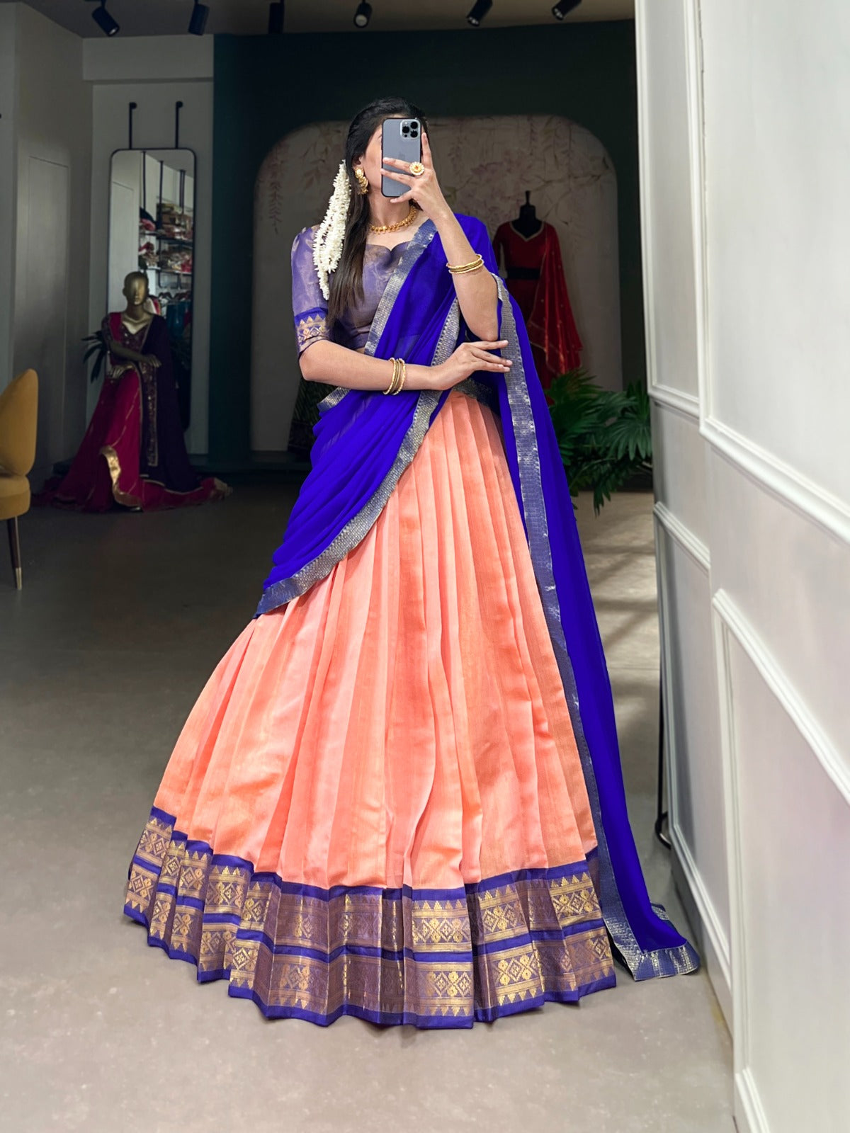 Trendy Peach Kanchipuram Silk Lehenga with Zari Weaving Work and Matching Dupatta