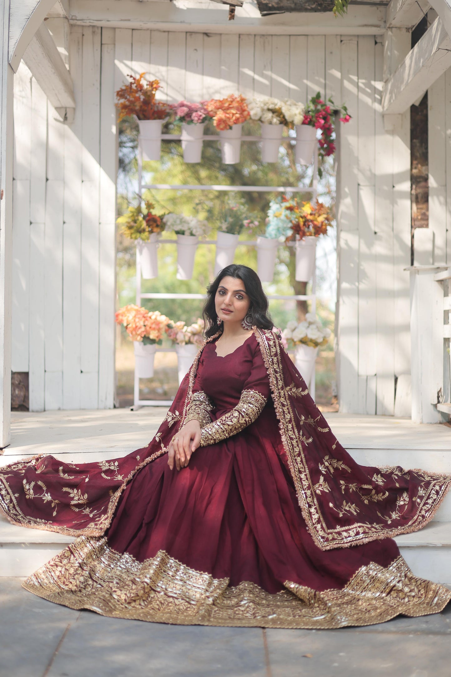 Dark Maroon Vichitra Shimmer Gown with Rich Sequins Embroidered Work & Dupatta – Trendy and Elegant Fabric