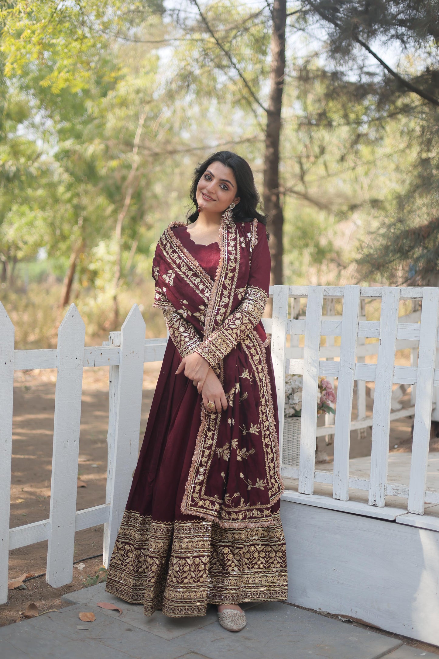 Dark Maroon Vichitra Shimmer Gown with Rich Sequins Embroidered Work & Dupatta – Trendy and Elegant Fabric