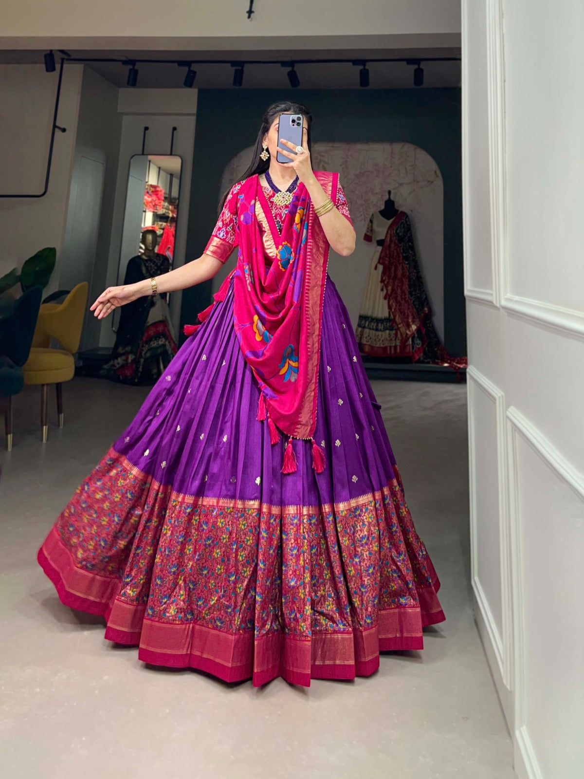 Purple Tussar Silk Lehenga with Print & Foil Work and Matching Dupatta – Elegant Traditional Wear