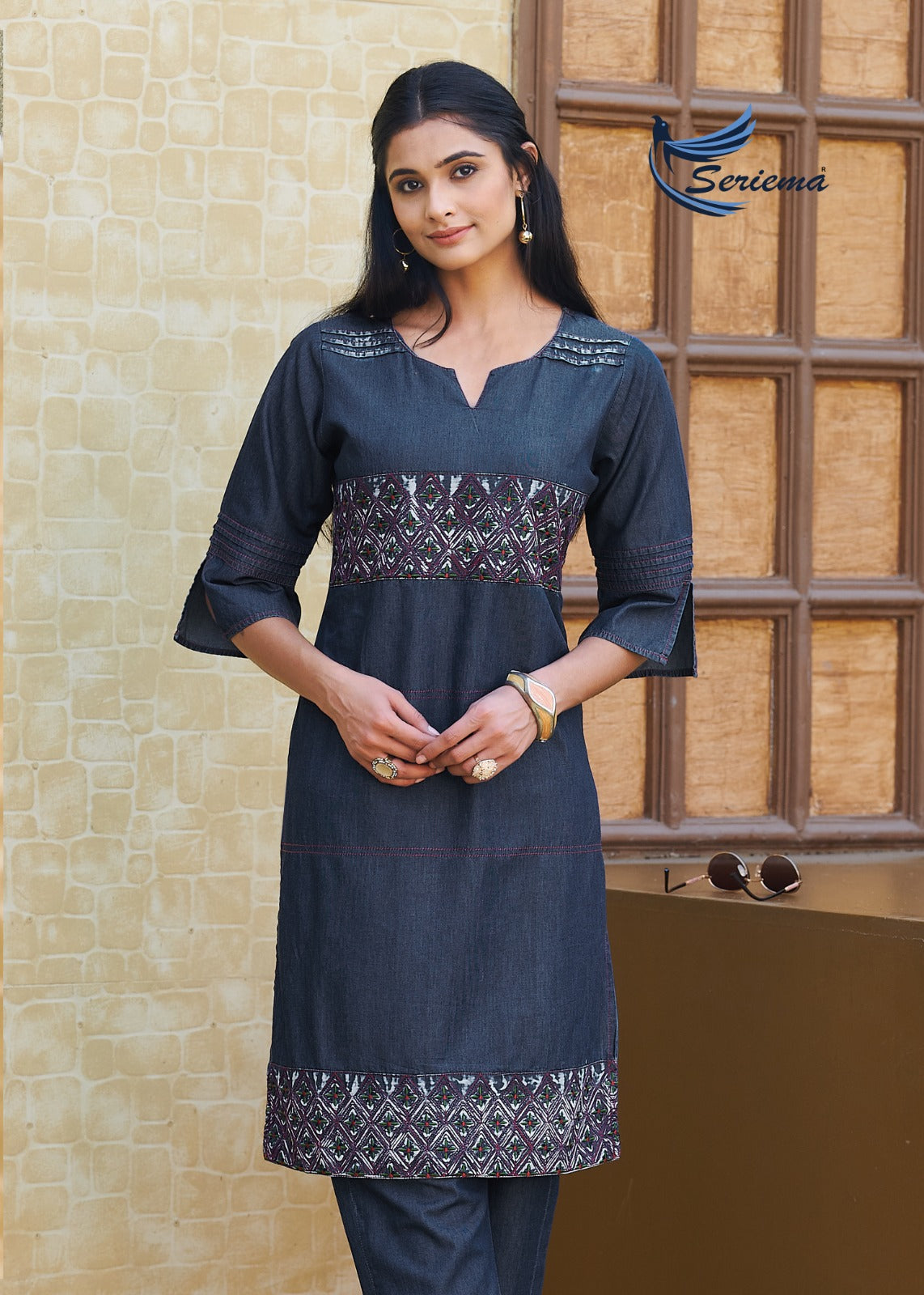 Navy Blue Cotton Denim Co-ord Set with Heavy Embroidery Work – 100% Pure Cotton for Women