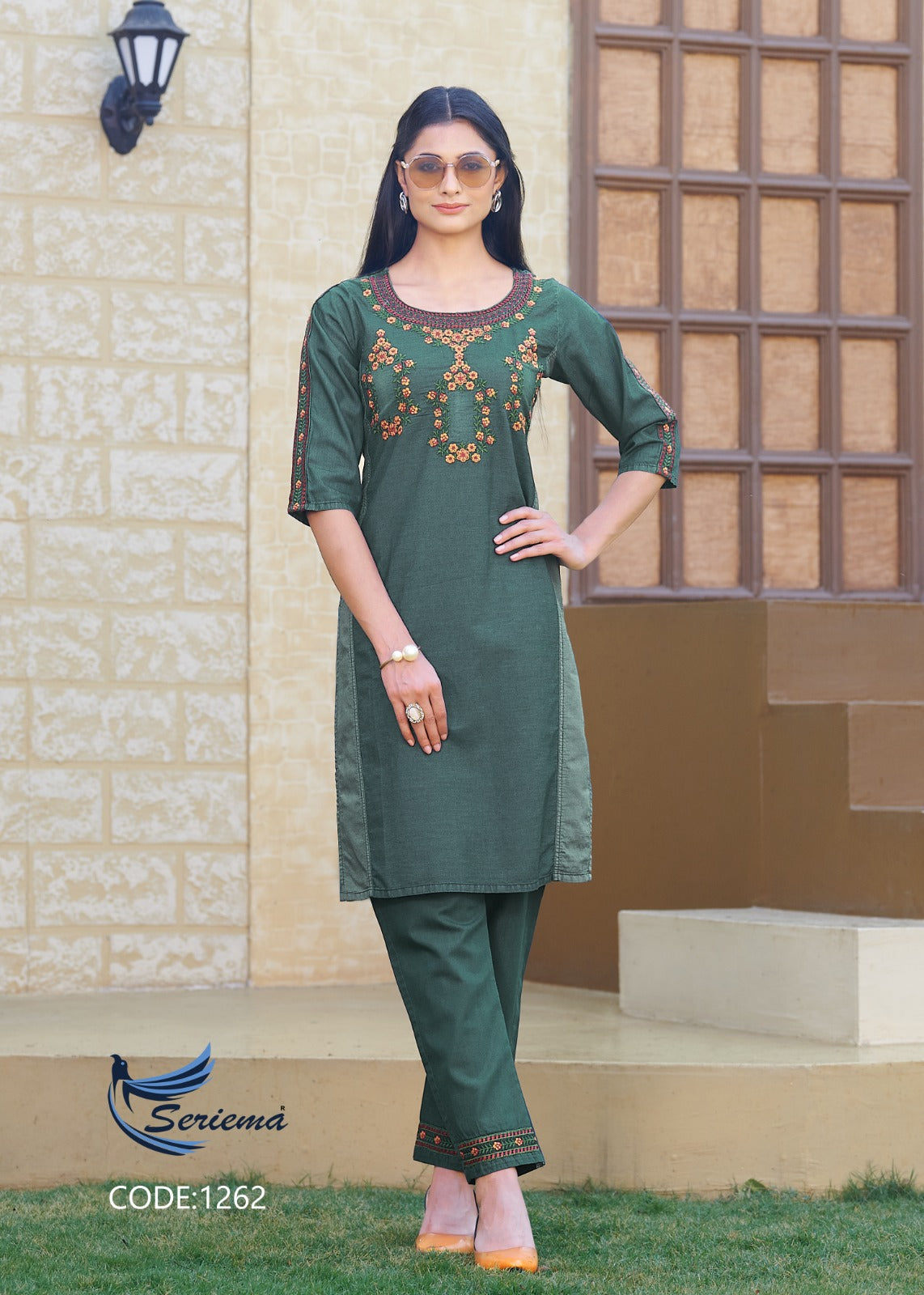 Green Cotton Denim Co-ord Set with Heavy Embroidery Work – 100% Pure Cotton for Women