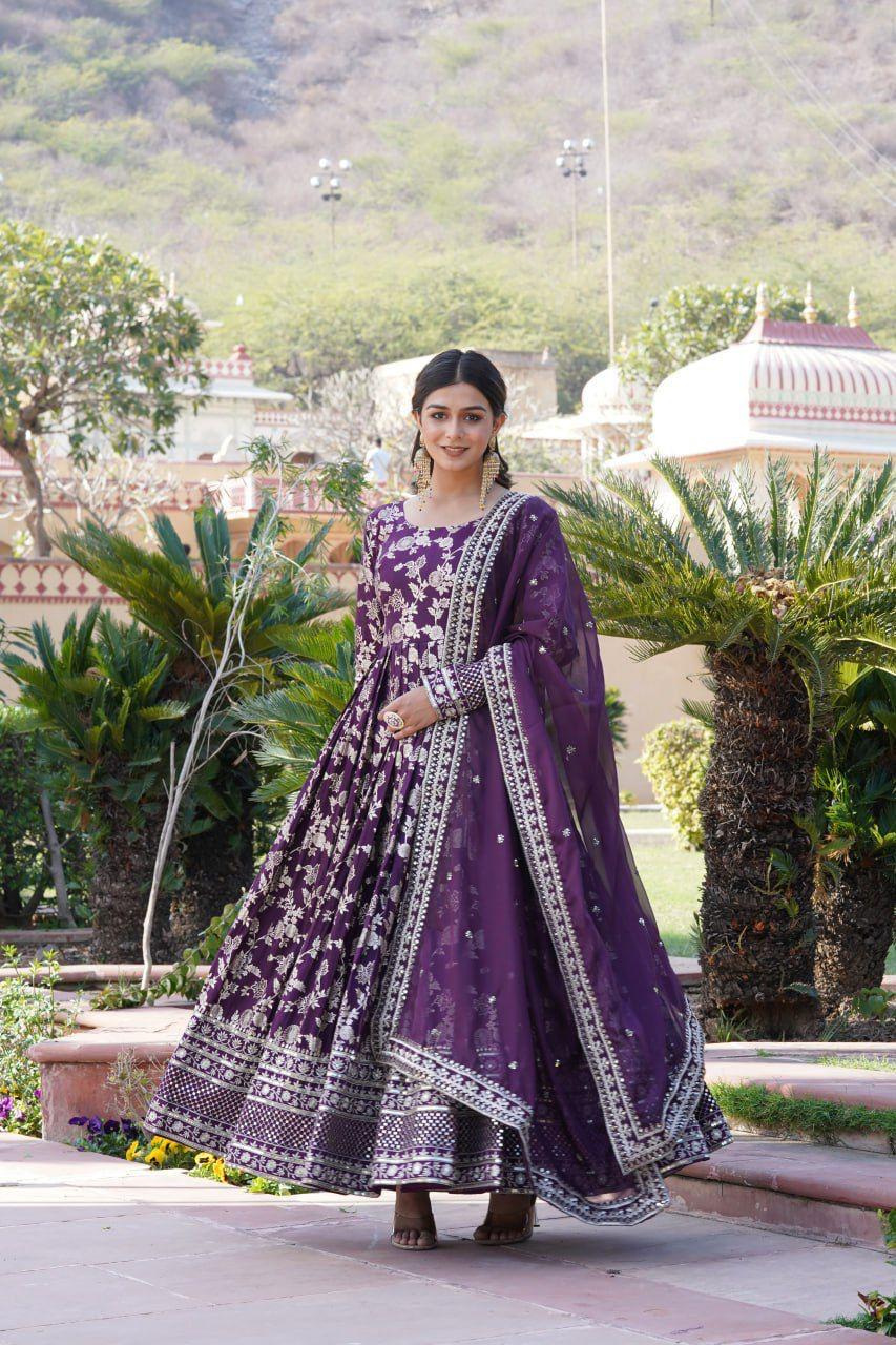 Wine Viscose Diable Jacquard Gown with Sequins Embroidery and Matching Dupatta โ Trendy Partywear Outfit