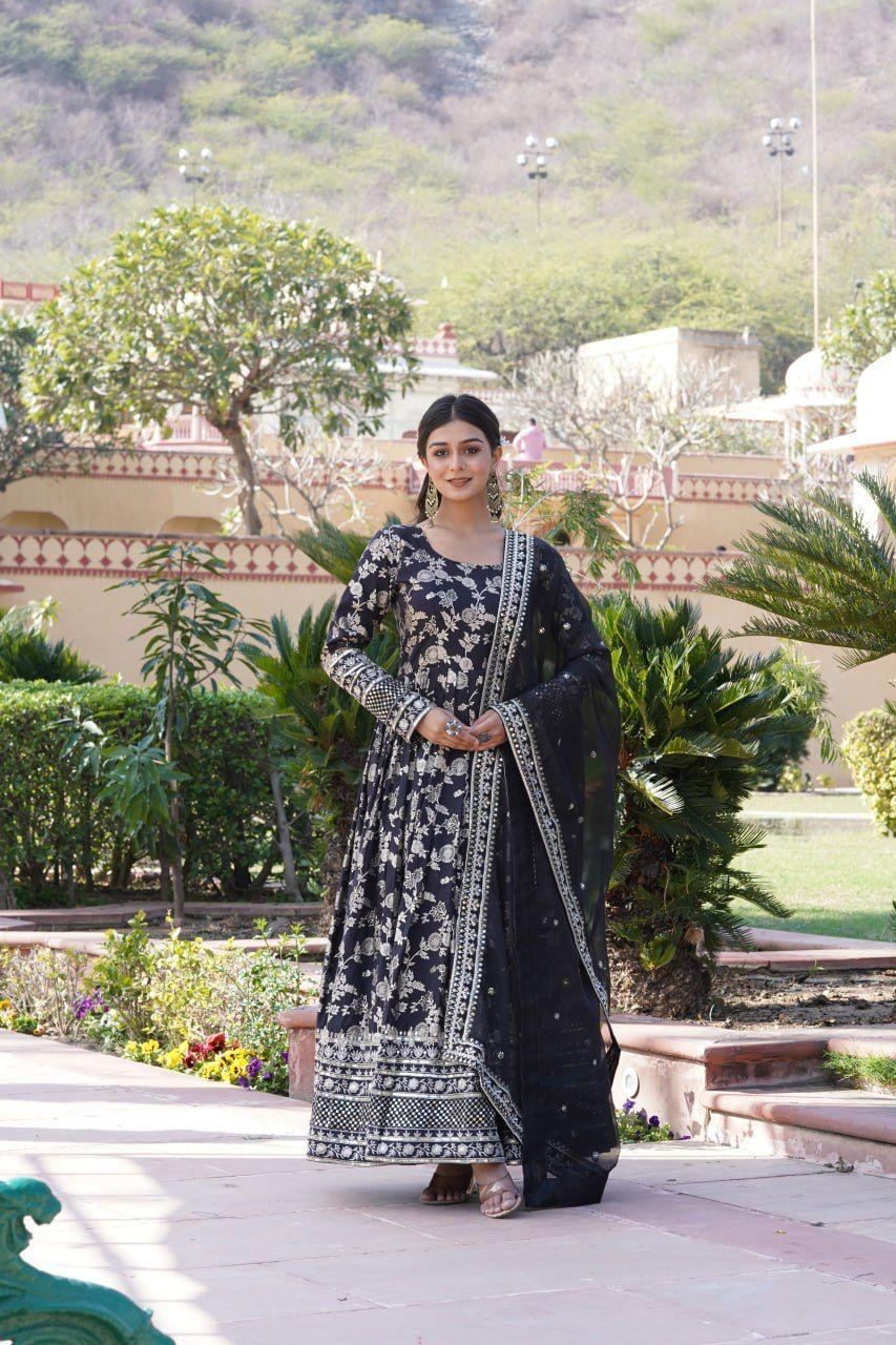 Black Viscose Diable Jacquard Gown with Sequins Embroidery and Matching Dupatta – Trendy Partywear Outfit