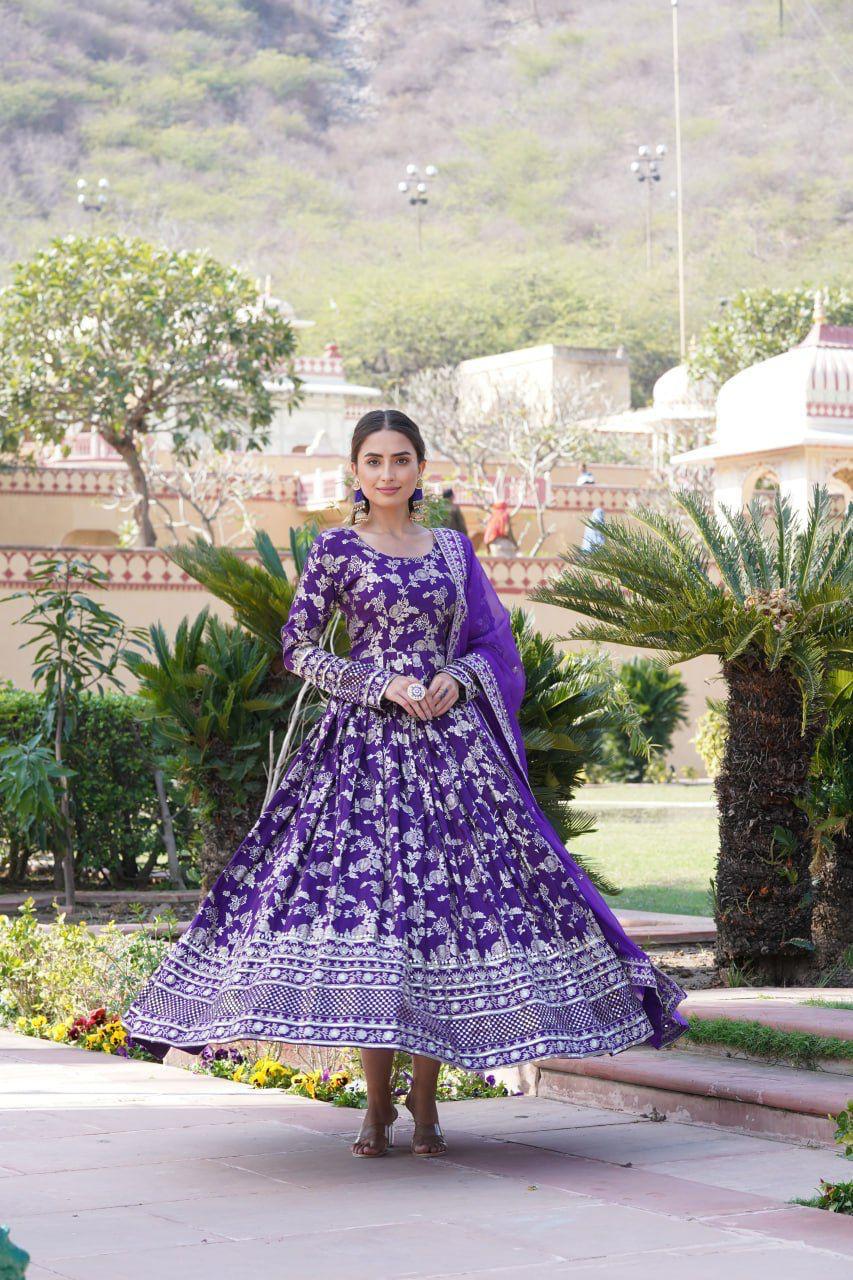 Purple Viscose Diable Jacquard Gown with Sequins Embroidery and Matching Dupatta – Trendy Partywear Outfit